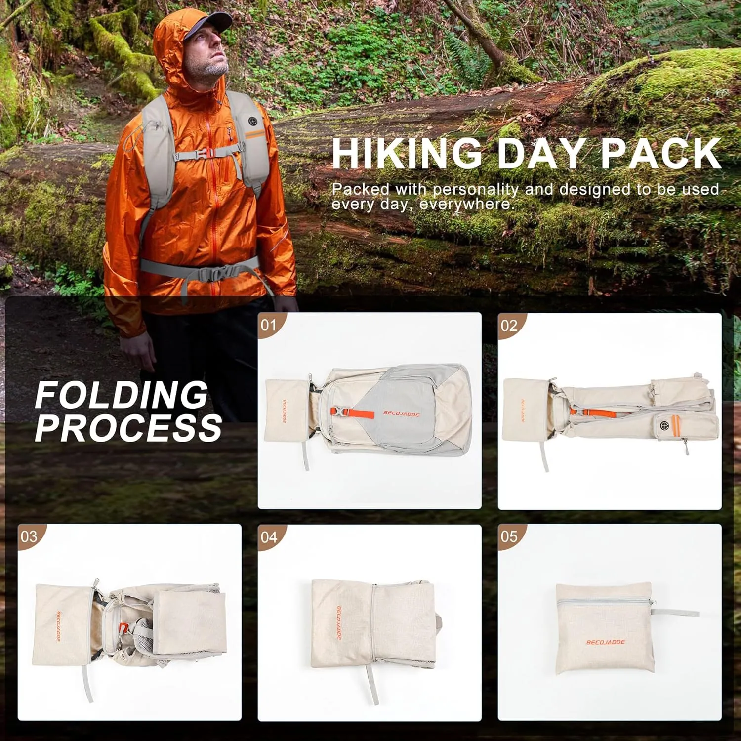 20L Small Hiking Backpack for Men Women Foldable Packable Back Pack Ultralight Hiking Daypack for Travel Camping Outdoor, Beige