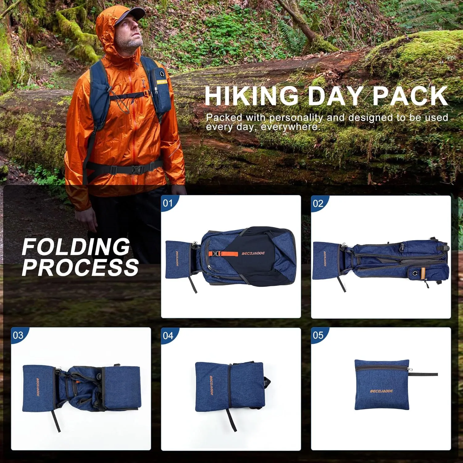 20L Small Hiking Backpack for Men Women Foldable Packable Back Pack Ultralight Hiking Daypack for Travel Camping Outdoor, Navy Blue