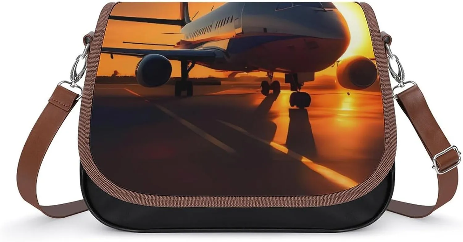 Airplane at Sunset Shoulder Bag for Women, Leather Crossbody Bag Adjustable Removable Shoulder Strap, Hands-Free Bags