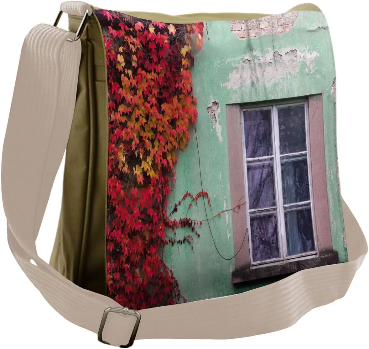 Ambesonne Autumn Messenger Bag, Fall Ivy on Old House, Unisex Cross-body