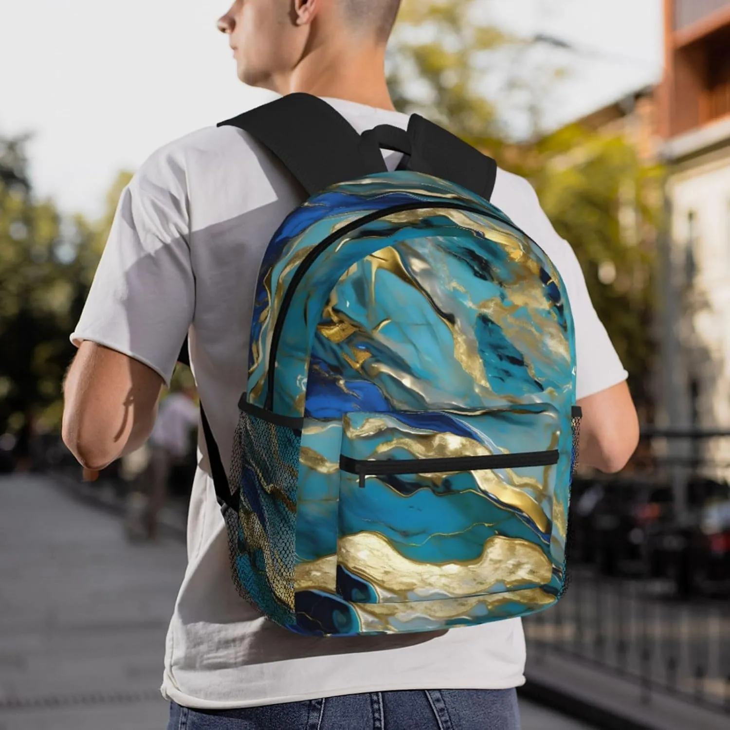 Azurite Teal And Foil Gold Oil Marble Pattern Print Backpack For Men And Women Lightweight Backpack Casual Daypack For Workplace Travel
