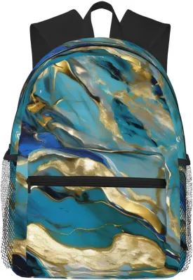 Azurite Teal And Foil Gold Oil Marble Pattern Print Backpack For Men And Women Lightweight Backpack Casual Daypack For Workplace Travel
