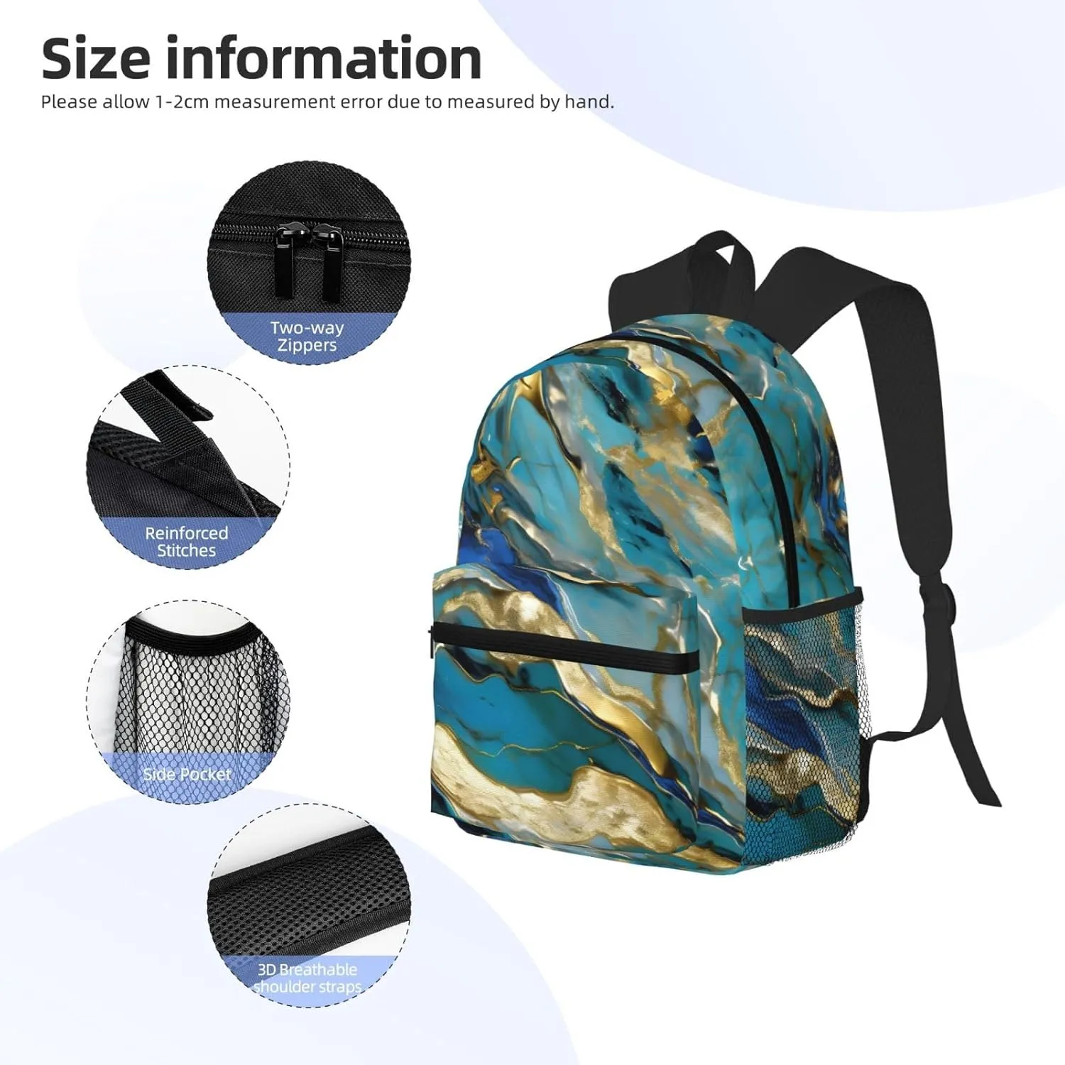 Azurite Teal And Foil Gold Oil Marble Pattern Print Backpack For Men And Women Lightweight Backpack Casual Daypack For Workplace Travel
