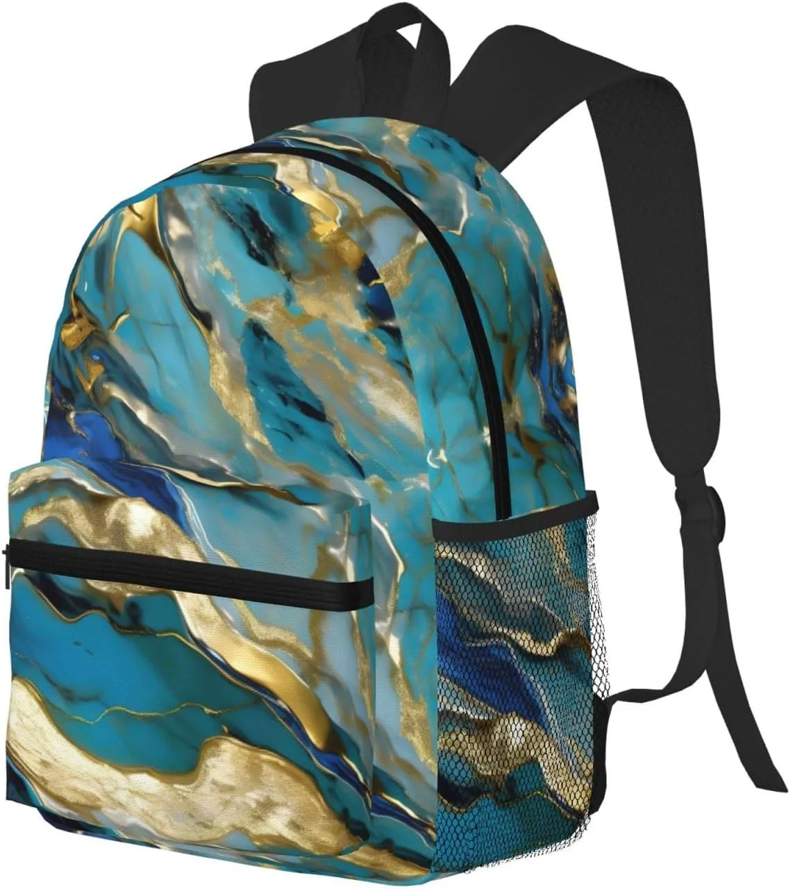 Azurite Teal And Foil Gold Oil Marble Pattern Print Backpack For Men And Women Lightweight Backpack Casual Daypack For Workplace Travel