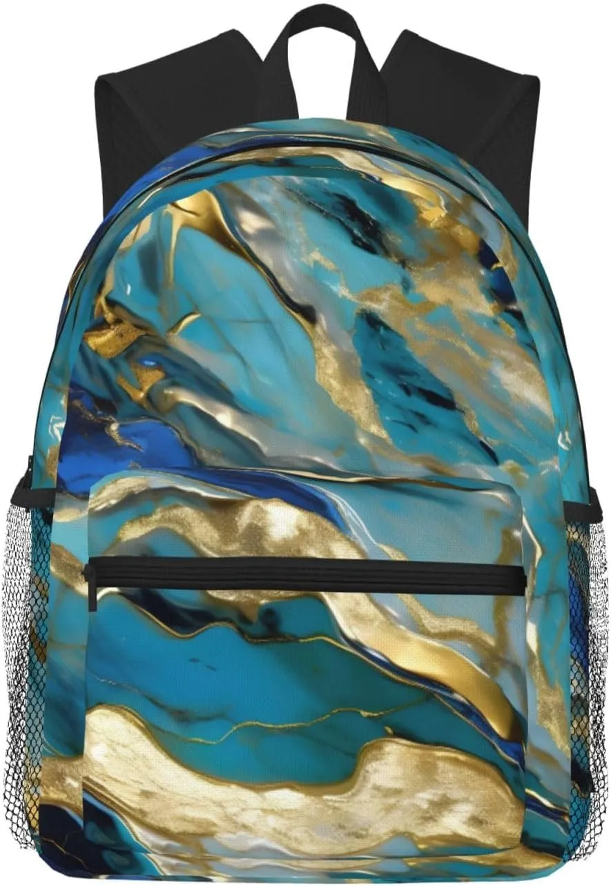 Azurite Teal And Foil Gold Oil Marble Pattern Print Backpack For Men And Women Lightweight Backpack Casual Daypack For Workplace Travel
