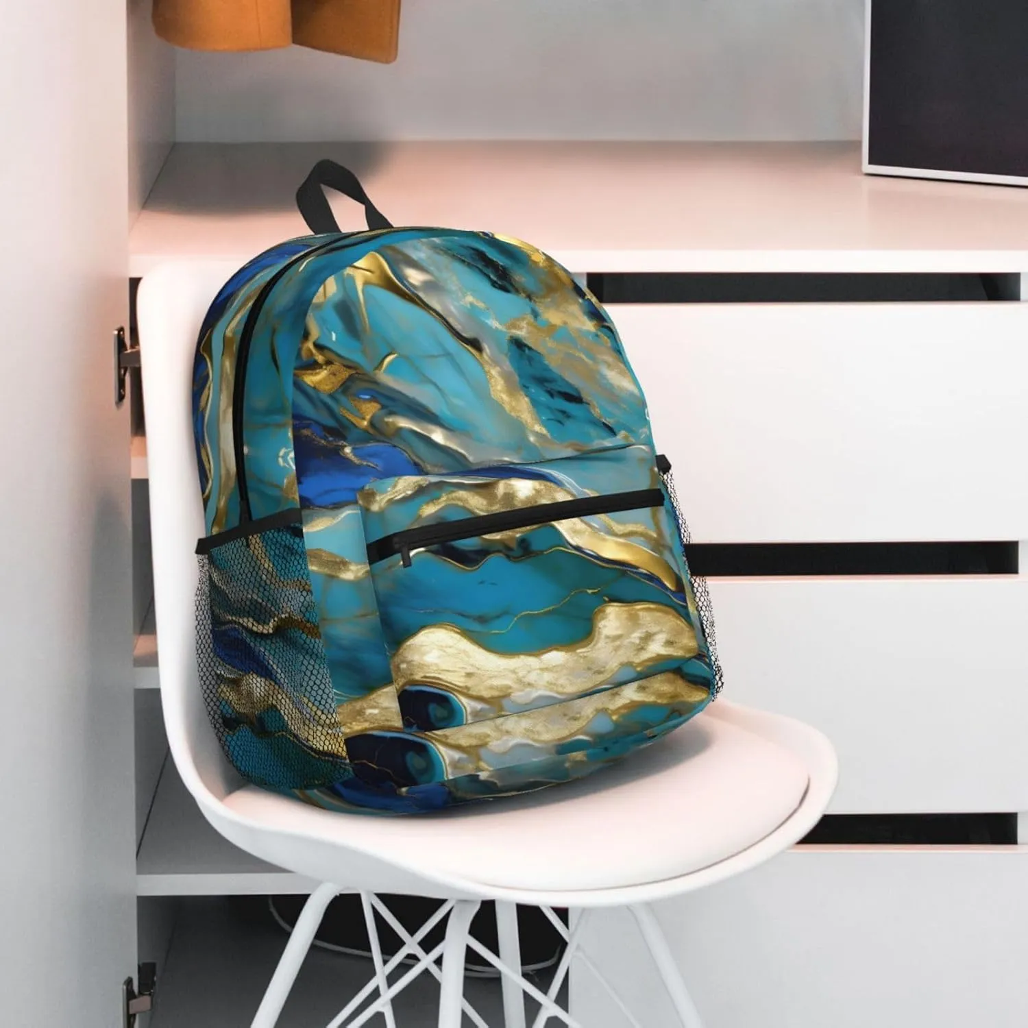 Azurite Teal And Foil Gold Oil Marble Pattern Print Backpack For Men And Women Lightweight Backpack Casual Daypack For Workplace Travel