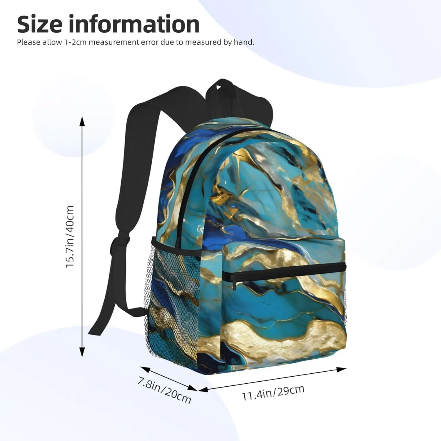 Azurite Teal And Foil Gold Oil Marble Pattern Print Backpack For Men And Women Lightweight Backpack Casual Daypack For Workplace Travel