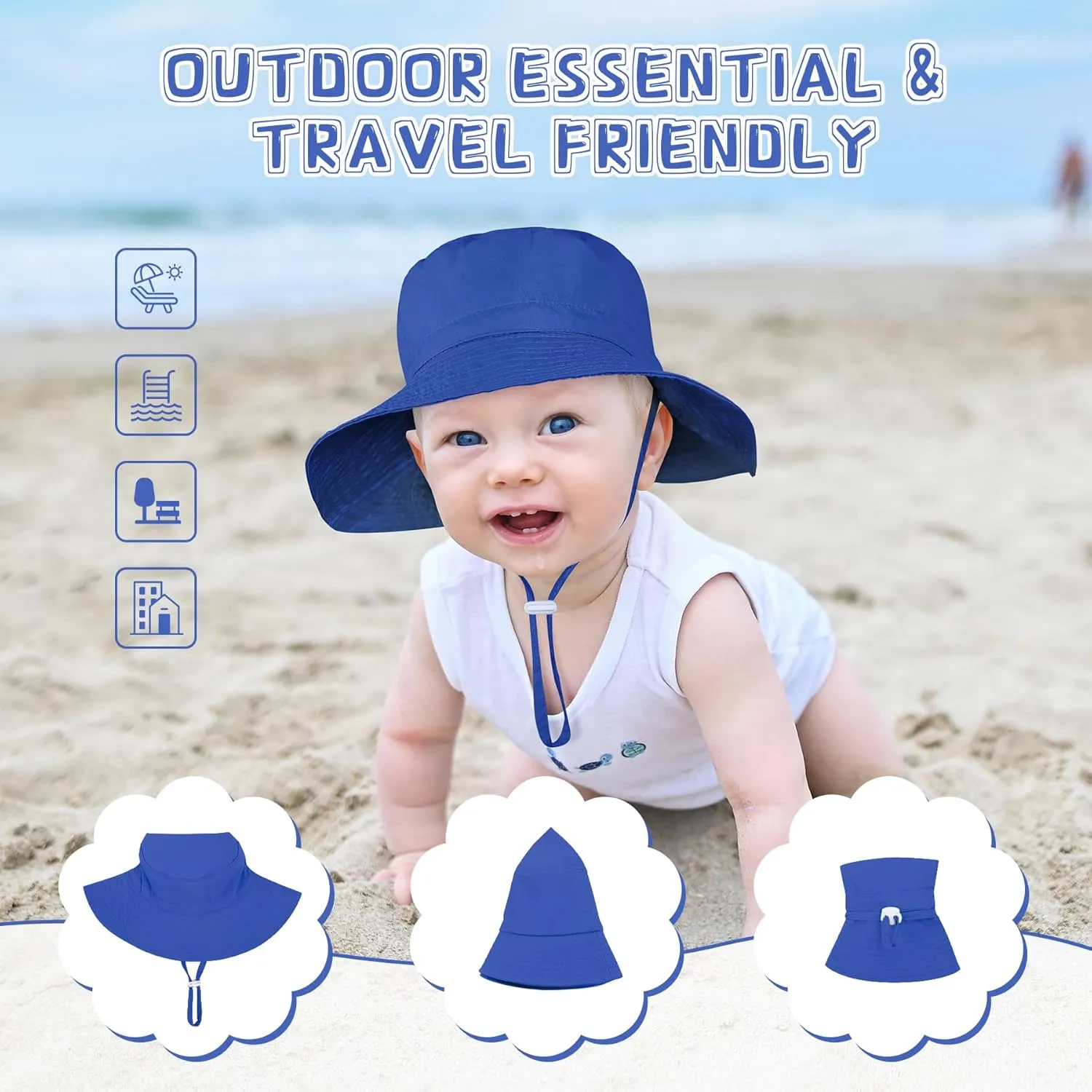 Baby Sun Hat Toddler Summer UPF 50  Sun Protection Baby Boy Girls Hats Beach Hats Wide Brim Adjustable Bucket Hat