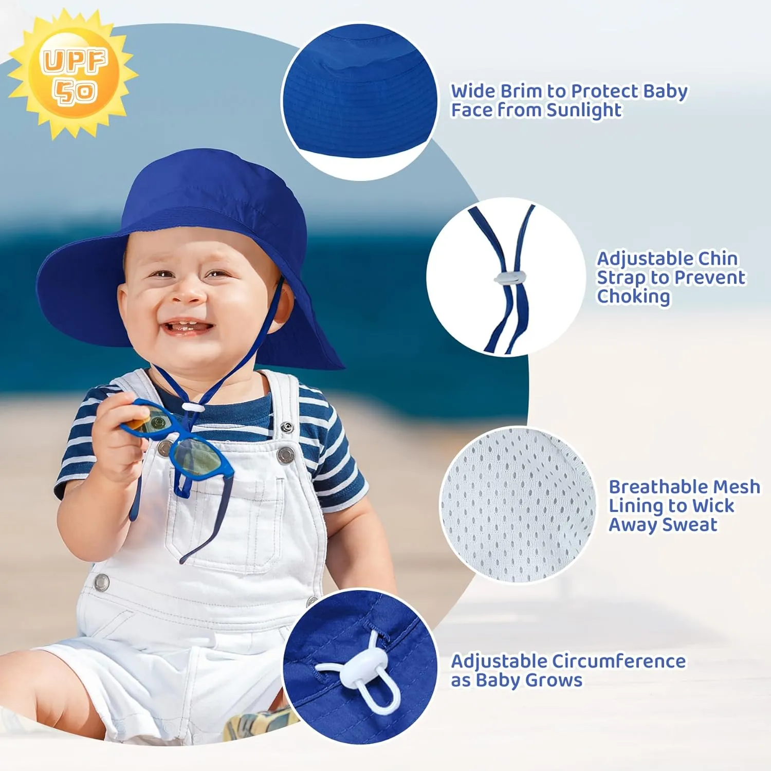 Baby Sun Hat Toddler Summer UPF 50  Sun Protection Baby Boy Girls Hats Beach Hats Wide Brim Adjustable Bucket Hat