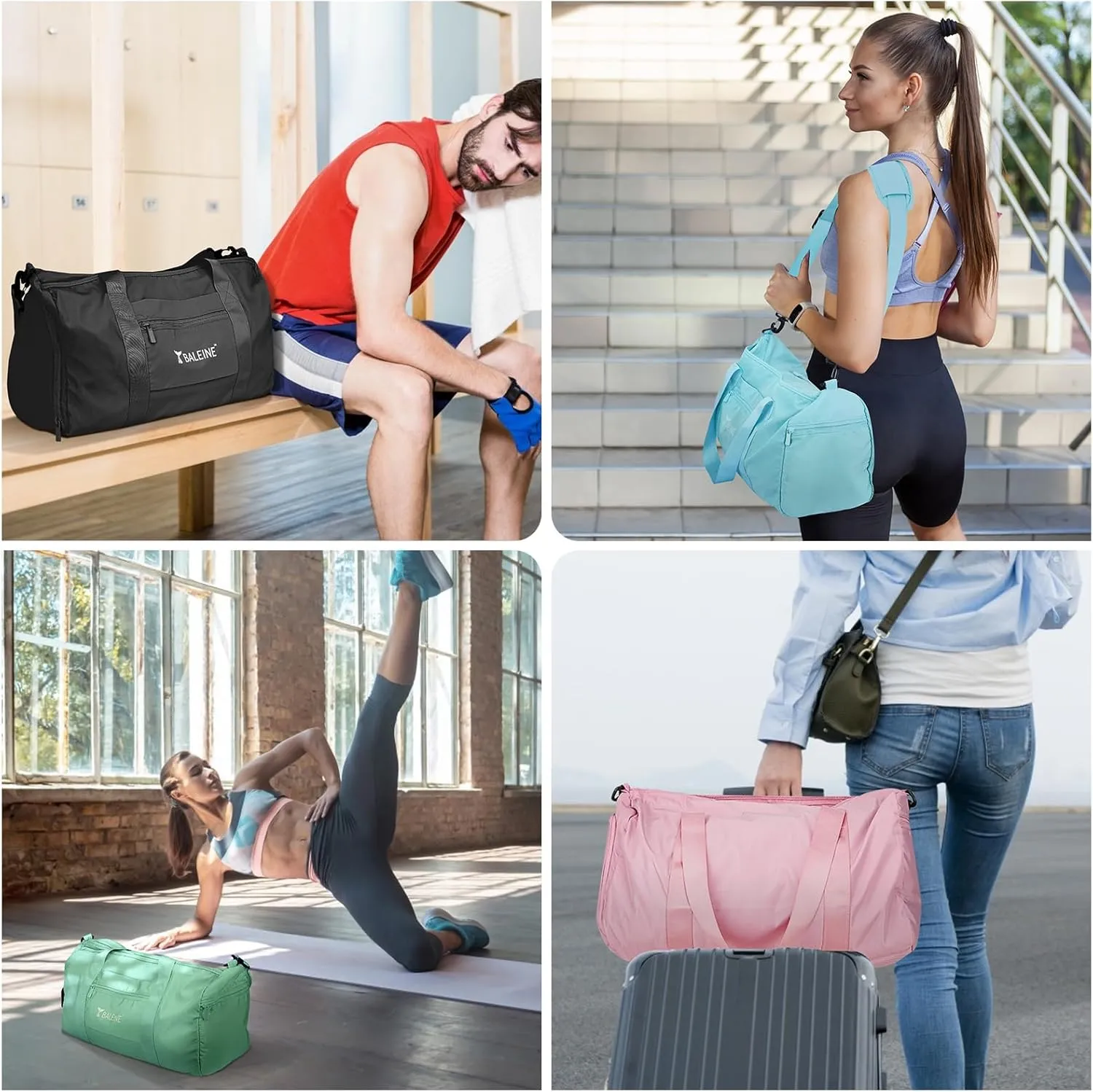 BALEINE Gym Bag for Women and Men, Small Duffel Bag for Sports, Gyms and Weekend Getaway, Waterproof Dufflebag with Shoe and Wet Clothes Compartments, Lightweight Carryon Gymbag (Green)
