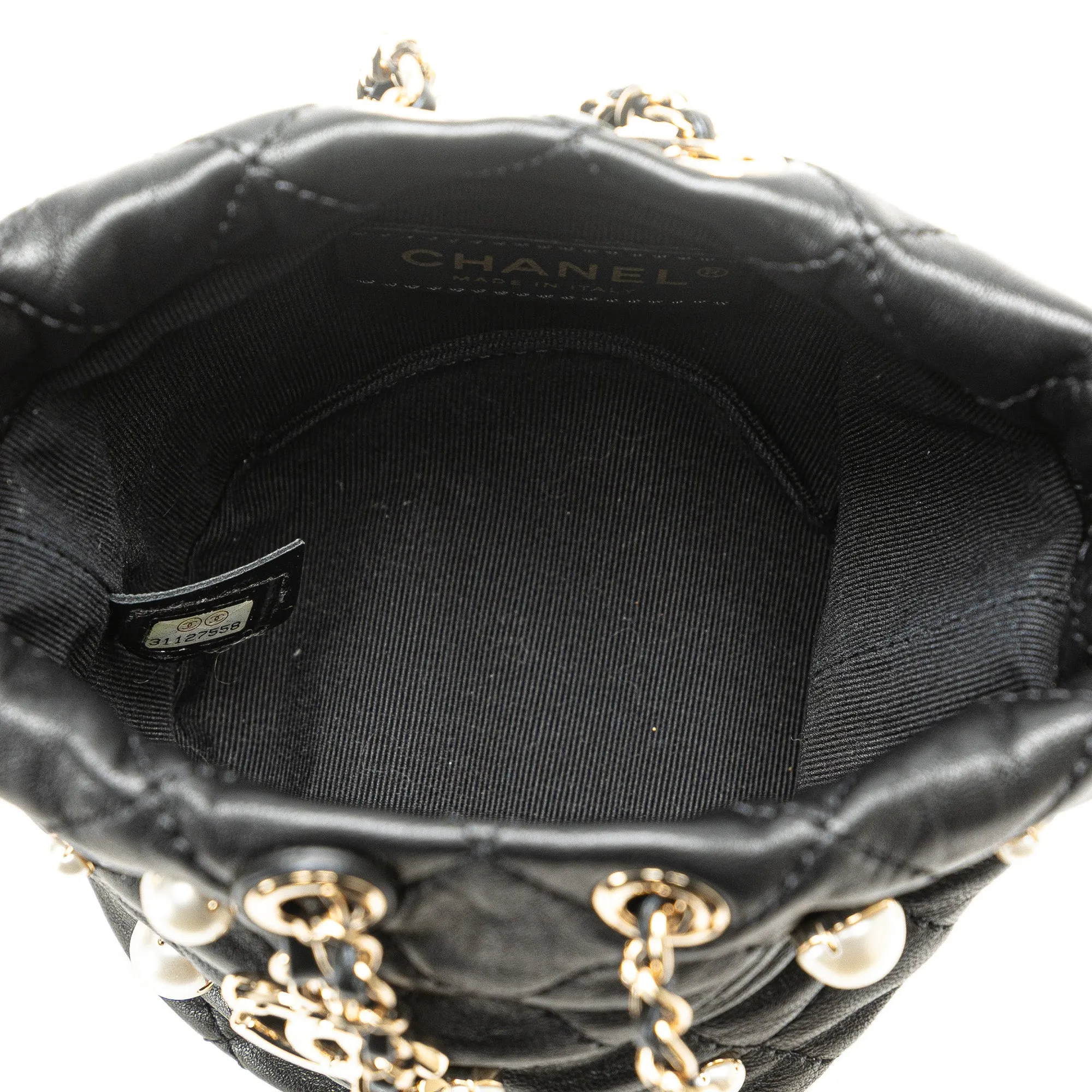 Black Chanel Mini Calfaskin About Pearls Drawstring Bucket Bag