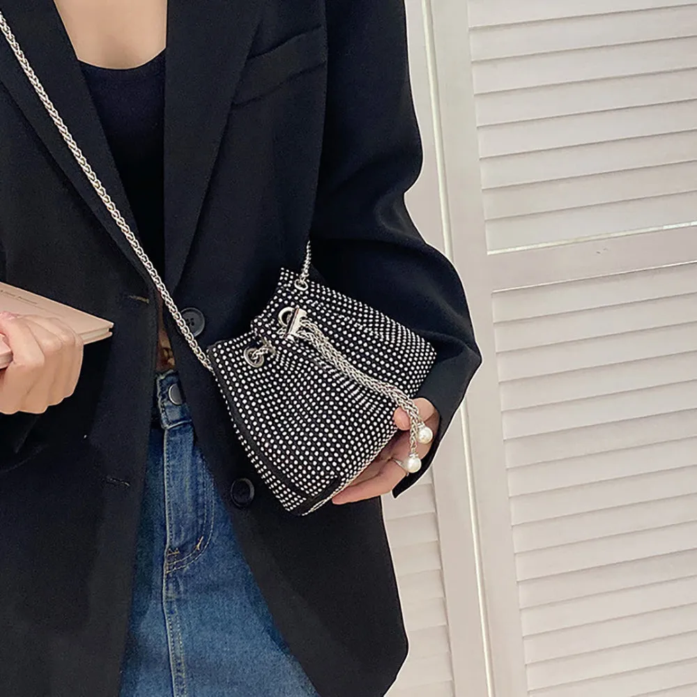 Bling Rhinestone Drawstring Bucket Bag