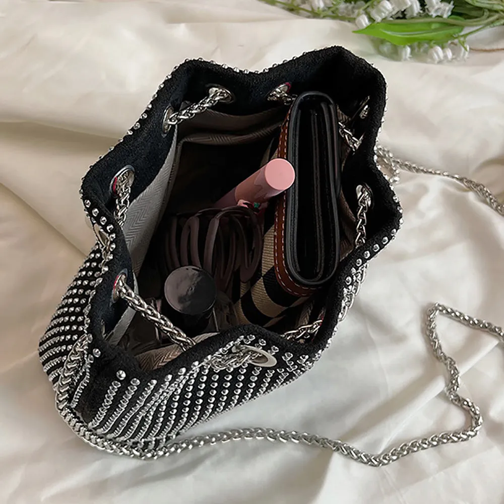Bling Rhinestone Drawstring Bucket Bag