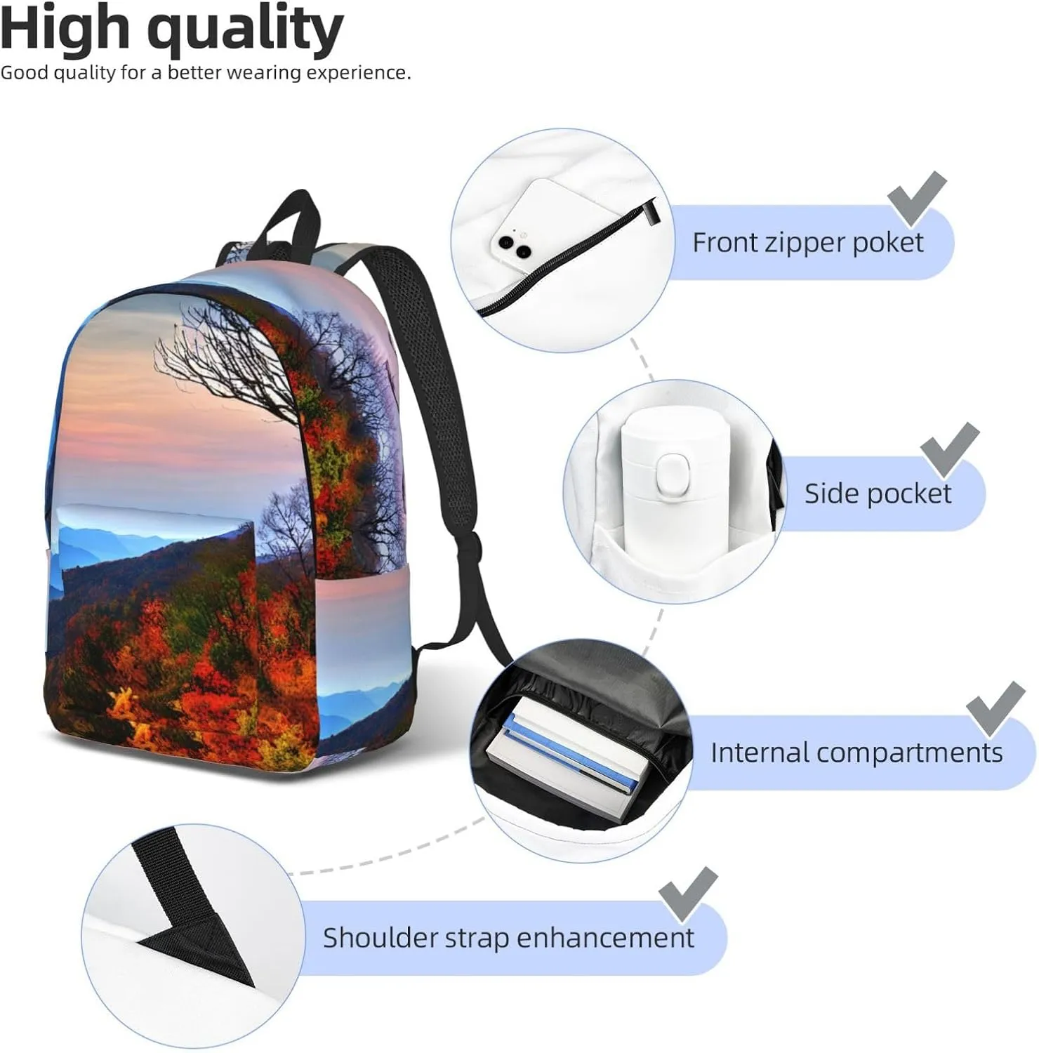 Blue Ridge Mountains print Laptop Backpack for Travel Computer,Casual Daypack Bookbag for College Work for Women Men
