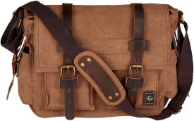 Canvas Messenger Bag with leather trim, Olive, 15.3 x 4.33 x 12.2 inches