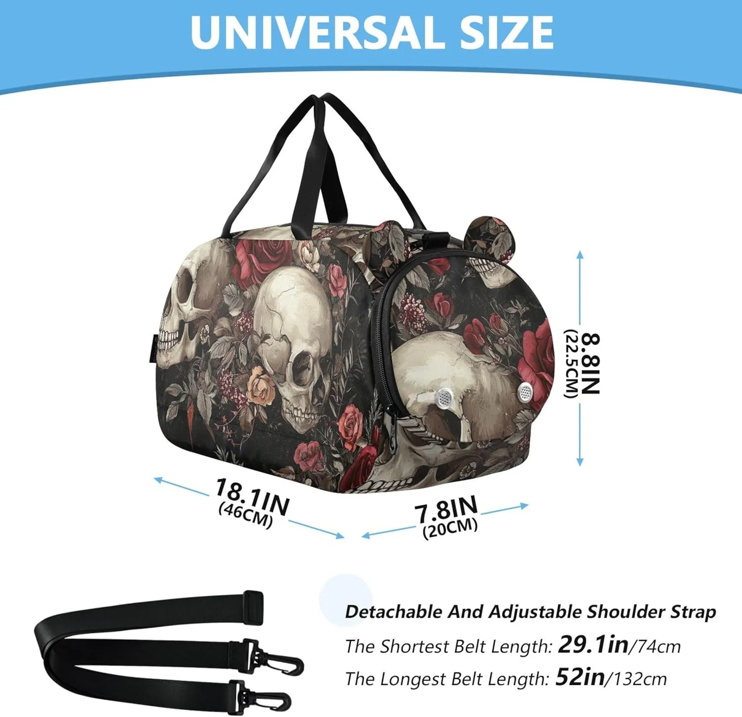 Carry on Duffel Bag Boy Weekender Overnight Vintage Skulls Red Roses Black Duffle Bags for Traveling Tote Shoe Compartment