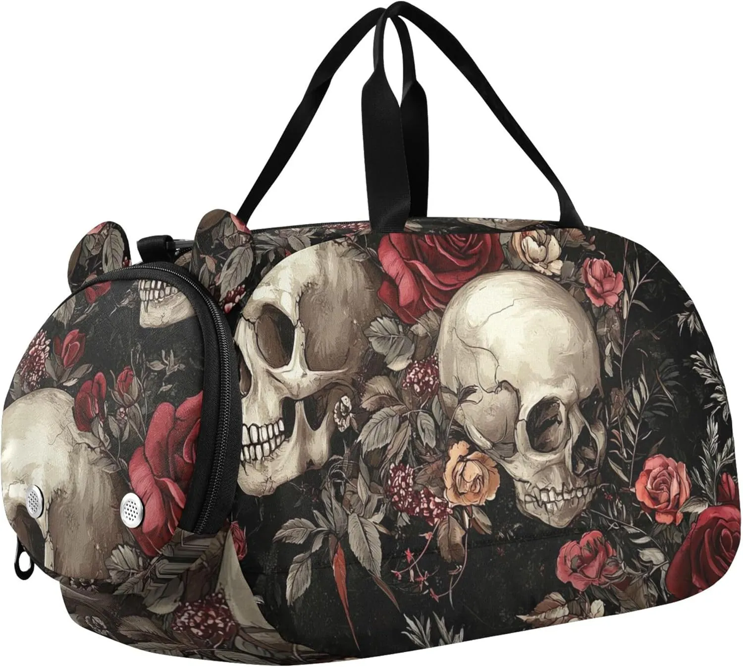 Carry on Duffel Bag Boy Weekender Overnight Vintage Skulls Red Roses Black Duffle Bags for Traveling Tote Shoe Compartment