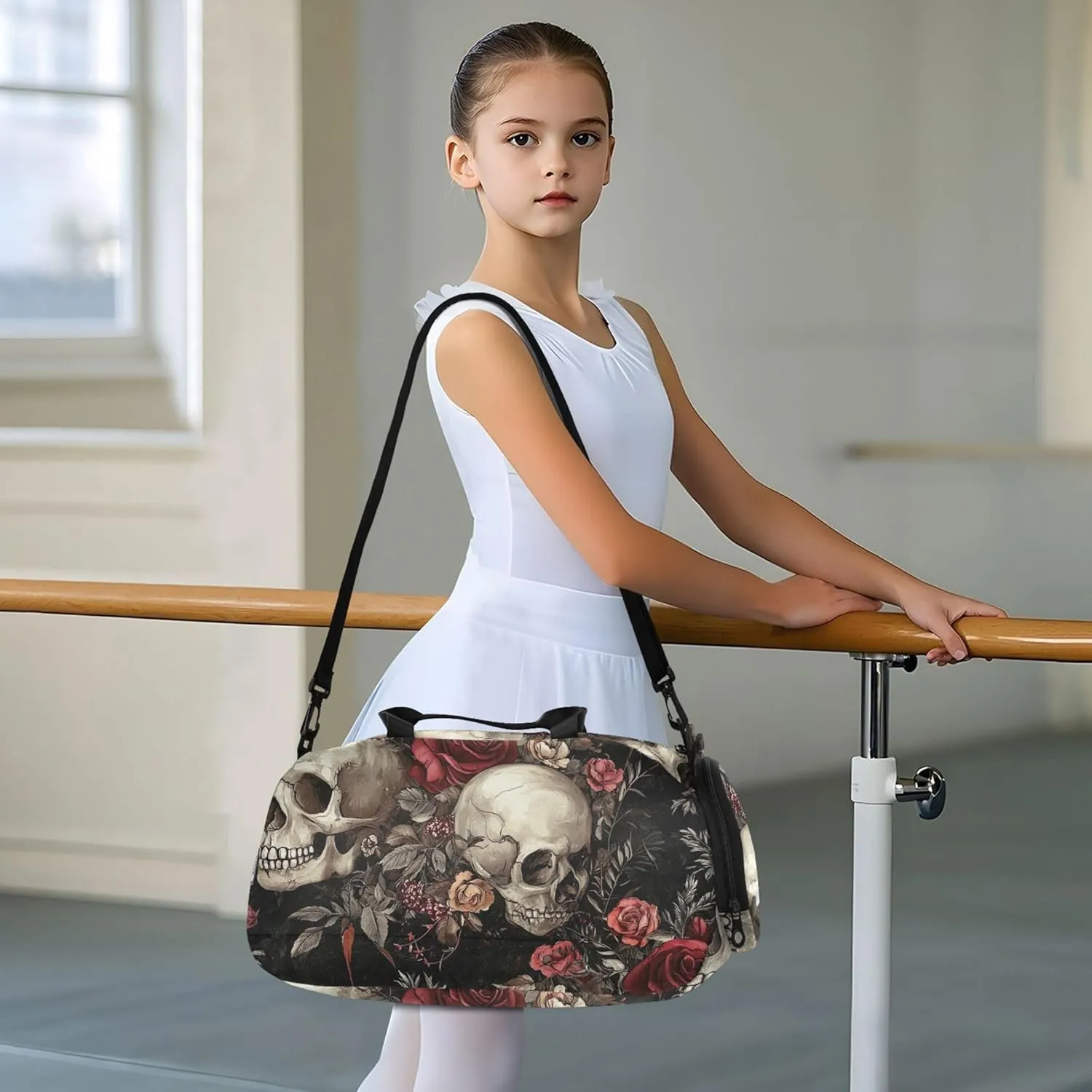 Carry on Duffel Bag Boy Weekender Overnight Vintage Skulls Red Roses Black Duffle Bags for Traveling Tote Shoe Compartment