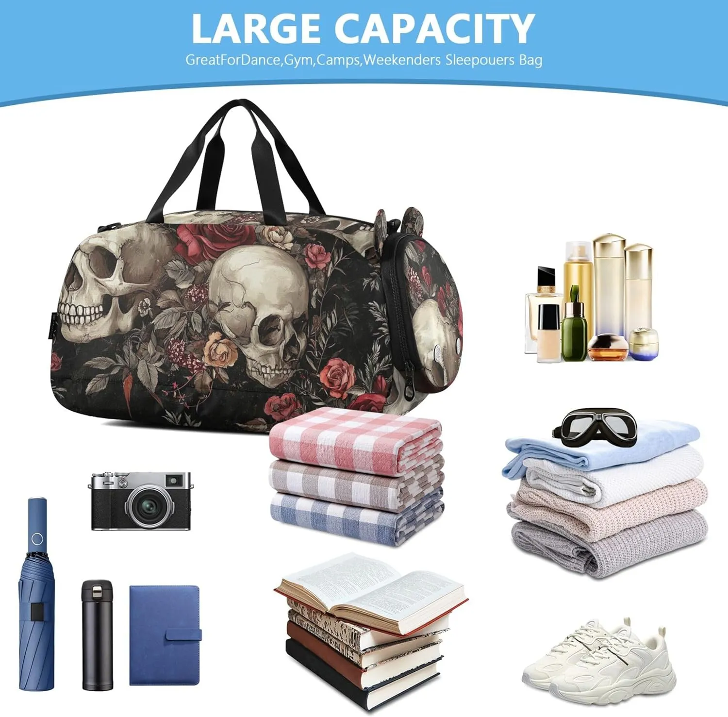 Carry on Duffel Bag Boy Weekender Overnight Vintage Skulls Red Roses Black Duffle Bags for Traveling Tote Shoe Compartment