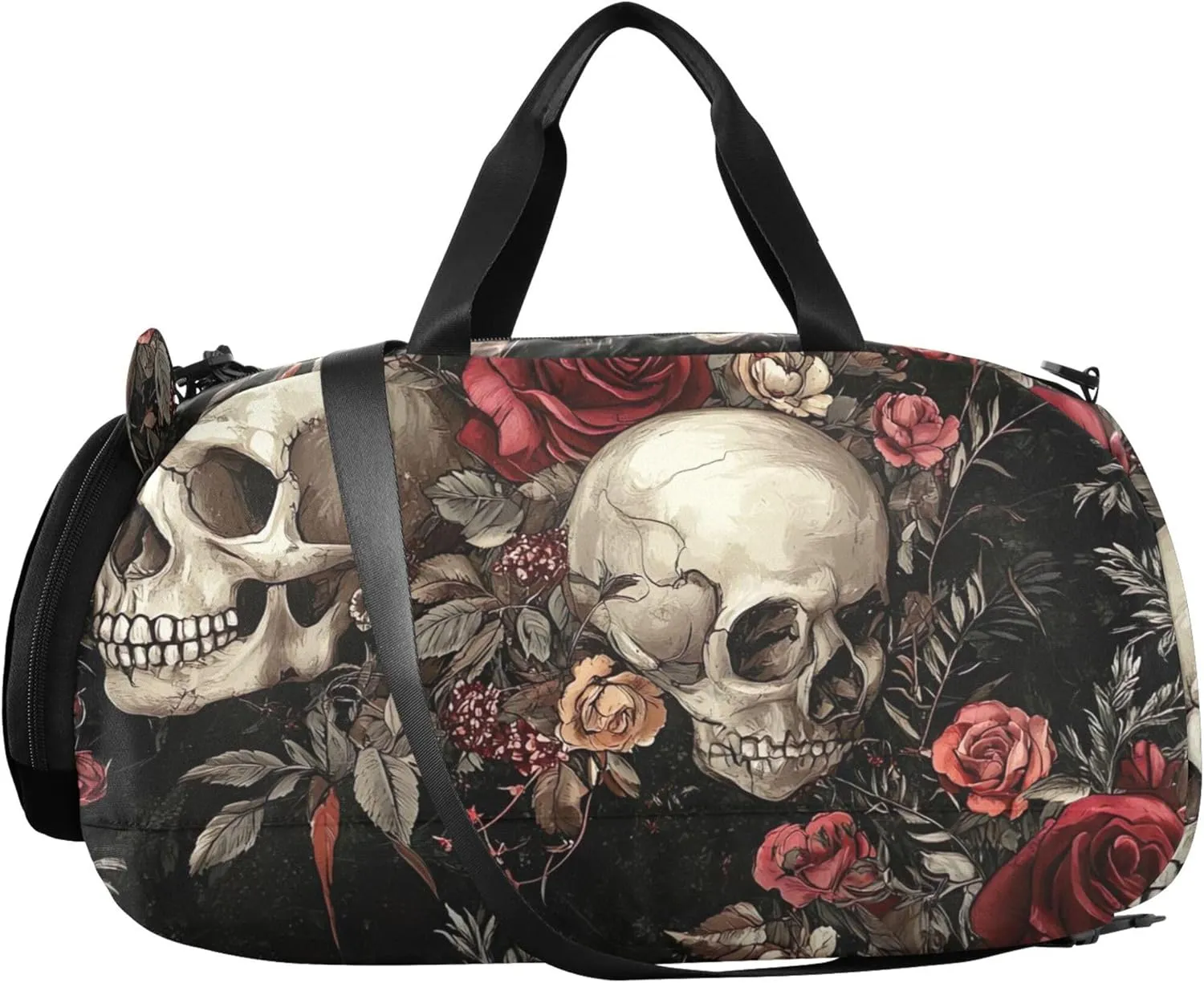 Carry on Duffel Bag Boy Weekender Overnight Vintage Skulls Red Roses Black Duffle Bags for Traveling Tote Shoe Compartment