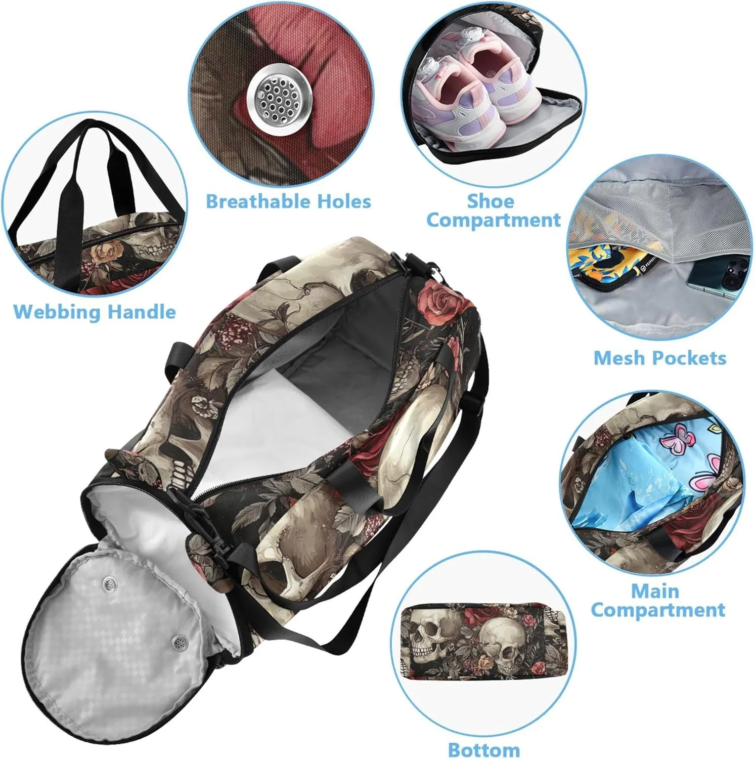 Carry on Duffel Bag Boy Weekender Overnight Vintage Skulls Red Roses Black Duffle Bags for Traveling Tote Shoe Compartment