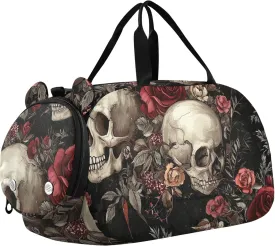 Carry on Duffel Bag Boy Weekender Overnight Vintage Skulls Red Roses Black Duffle Bags for Traveling Tote Shoe Compartment