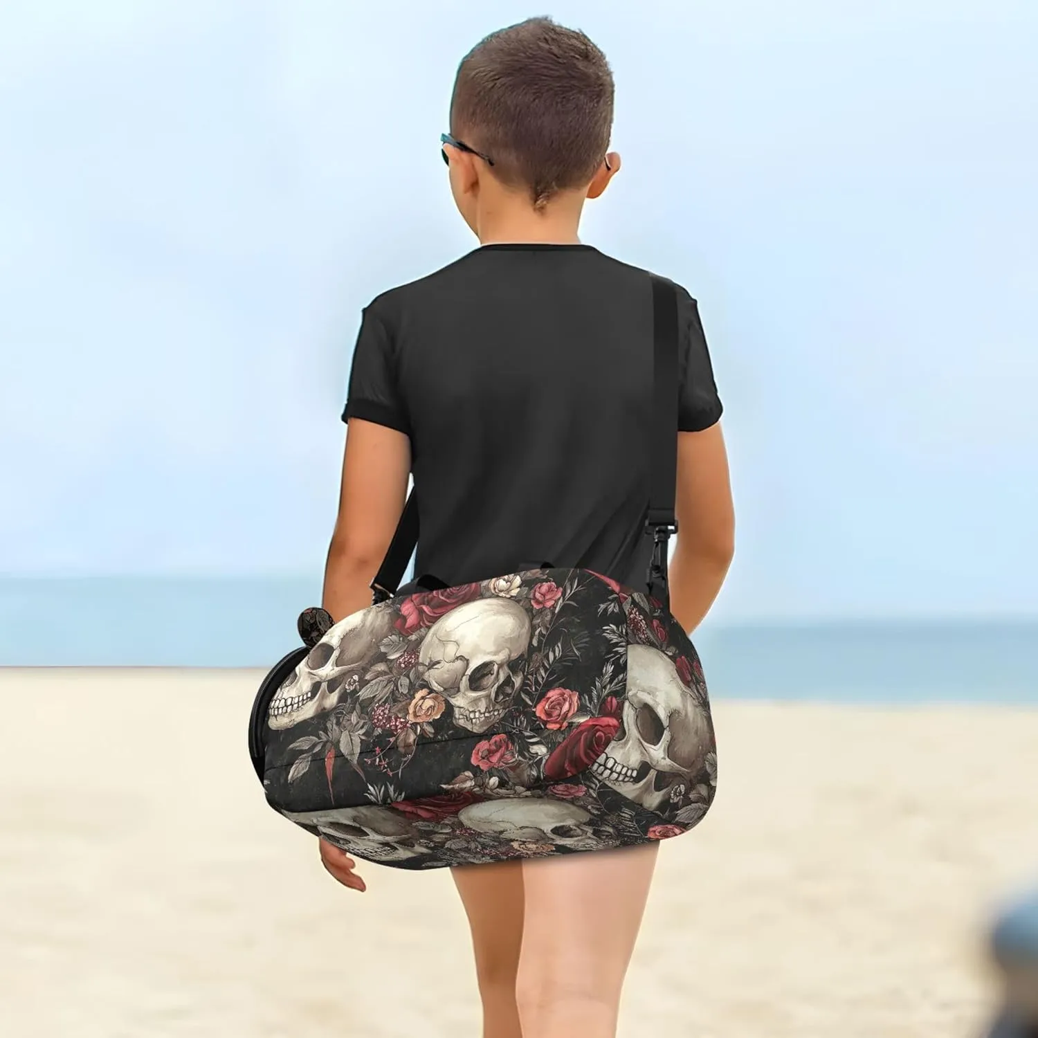Carry on Duffel Bag Boy Weekender Overnight Vintage Skulls Red Roses Black Duffle Bags for Traveling Tote Shoe Compartment