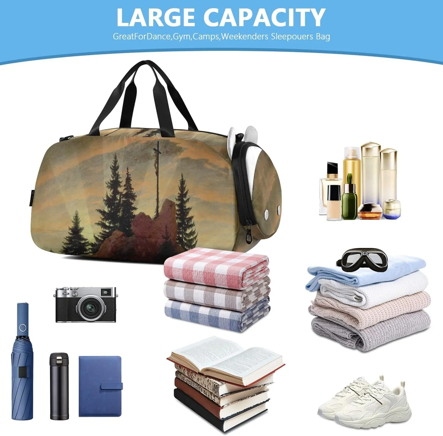 Carry on Duffel Bag for Boys Overnight Weekender Duffel Caspar David Friedrich Das Kreuz Im Gebirge Girls Duffle Bags Travel Tote Dance Kids Luggage