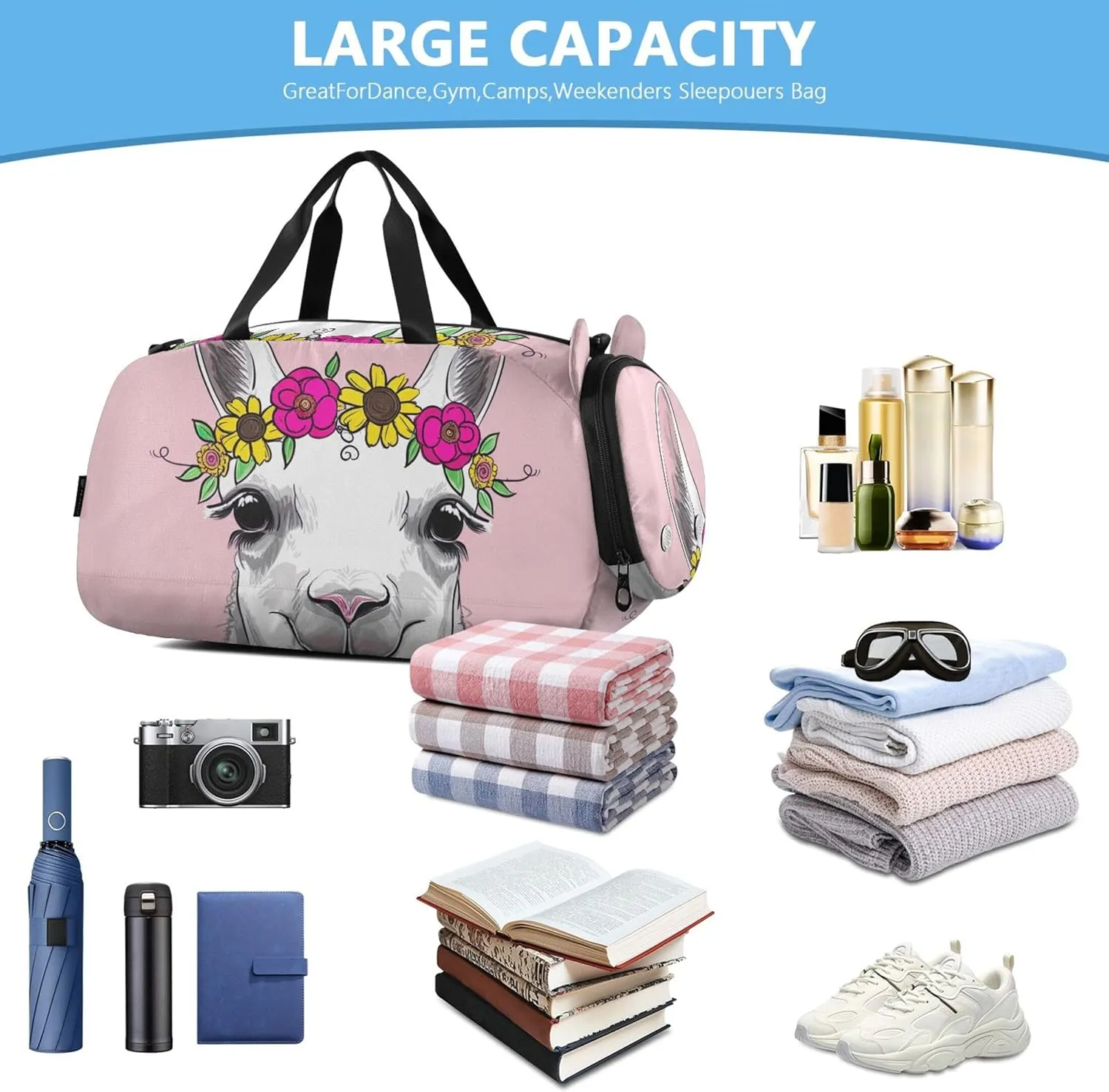 Carry on Duffel for Boys Weekender Overnight Travel Duffle Bags Girls Tote Kids Duffle Bag Cute Alpaca