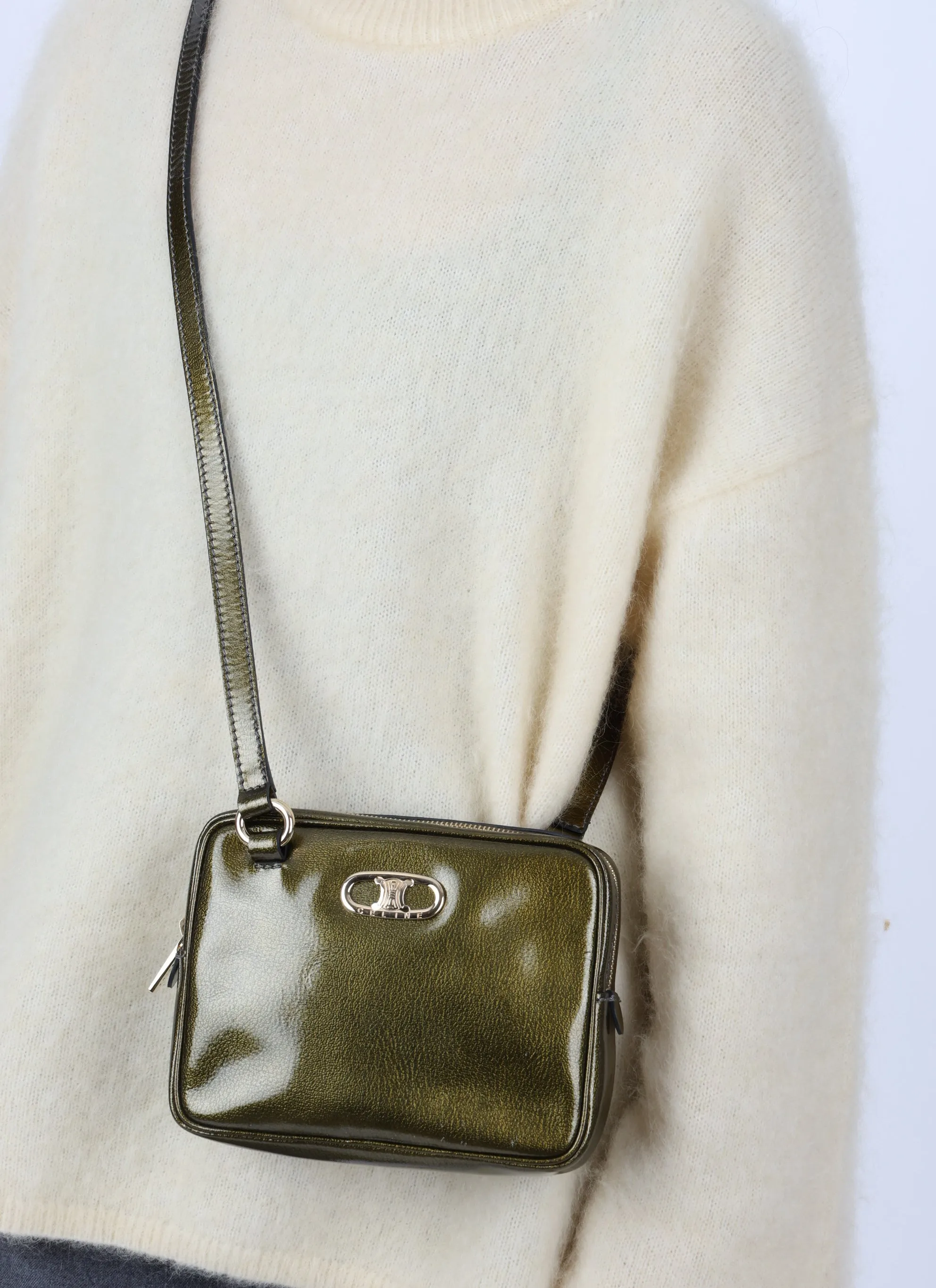 Celine Patent Triomphe Olive Crossbody