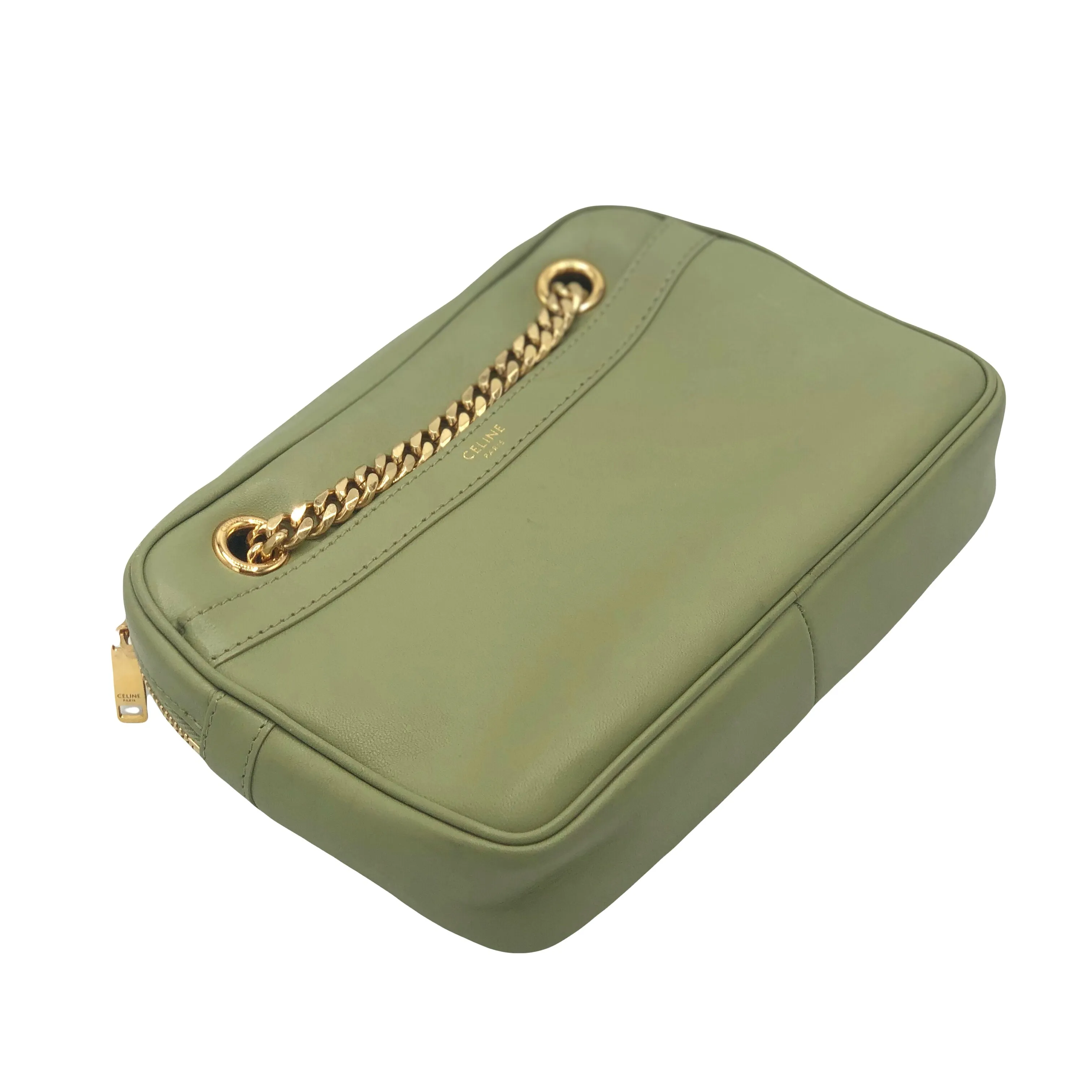 CELINE Small Patapans Sage Green leather with gold chain handbag