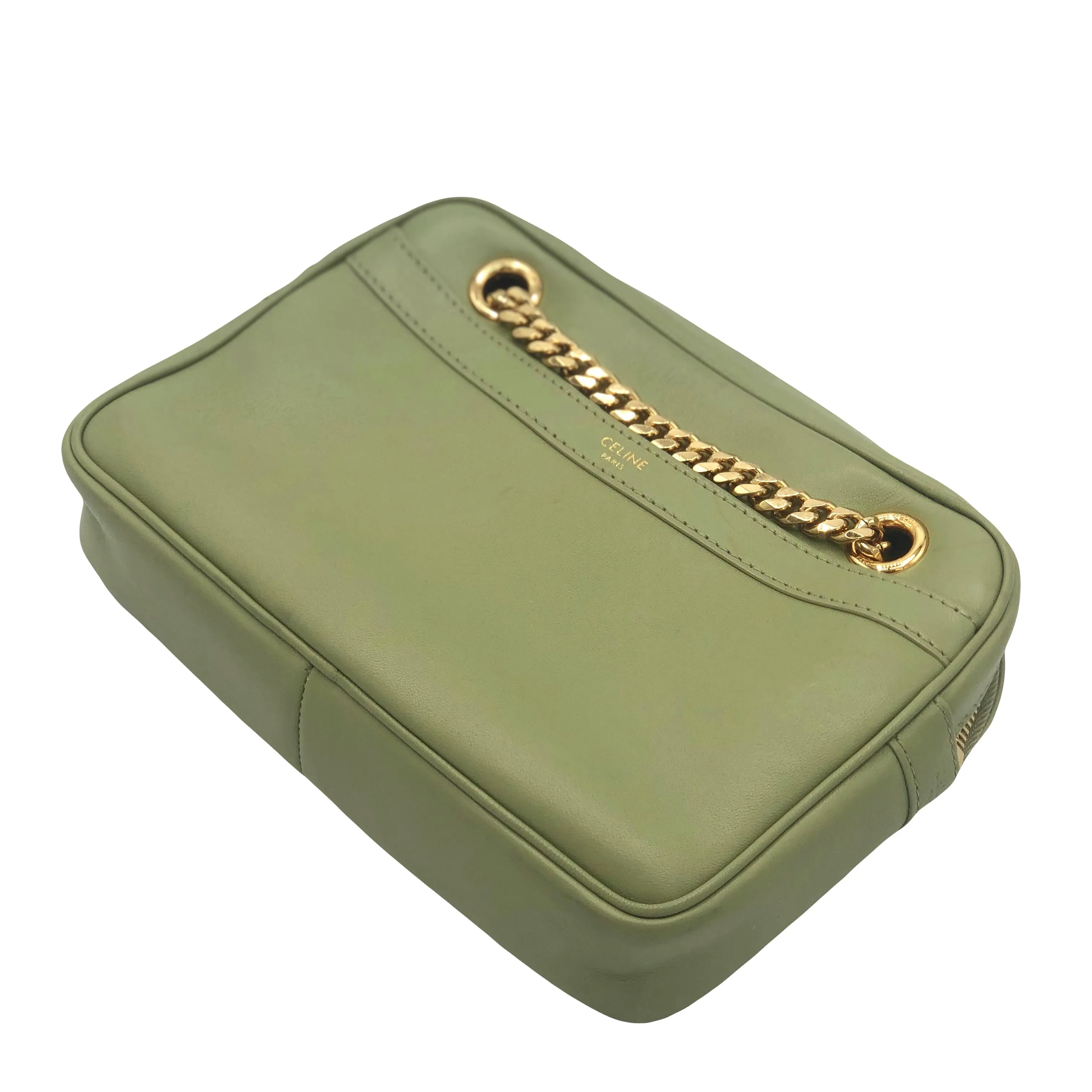 CELINE Small Patapans Sage Green leather with gold chain handbag