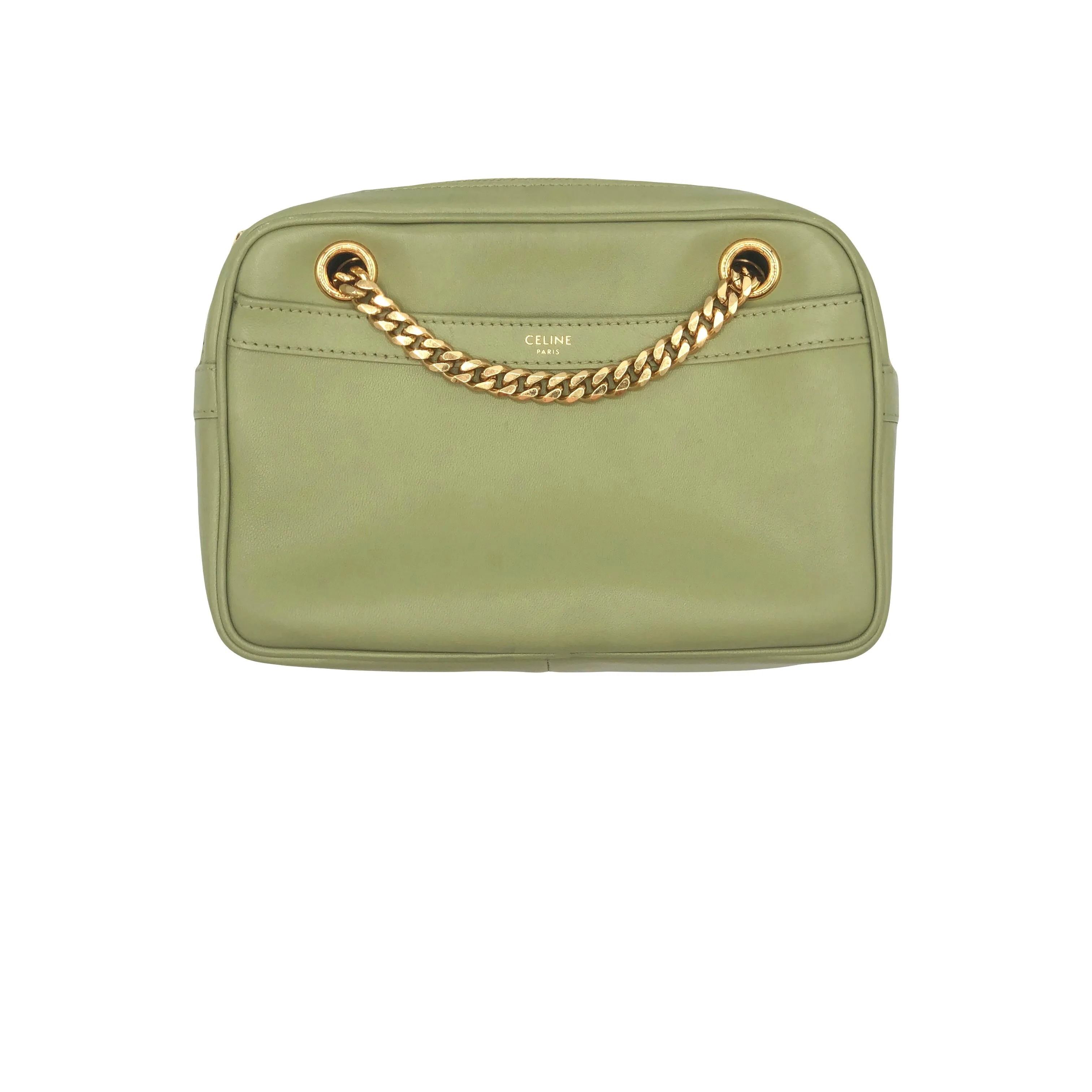 CELINE Small Patapans Sage Green leather with gold chain handbag