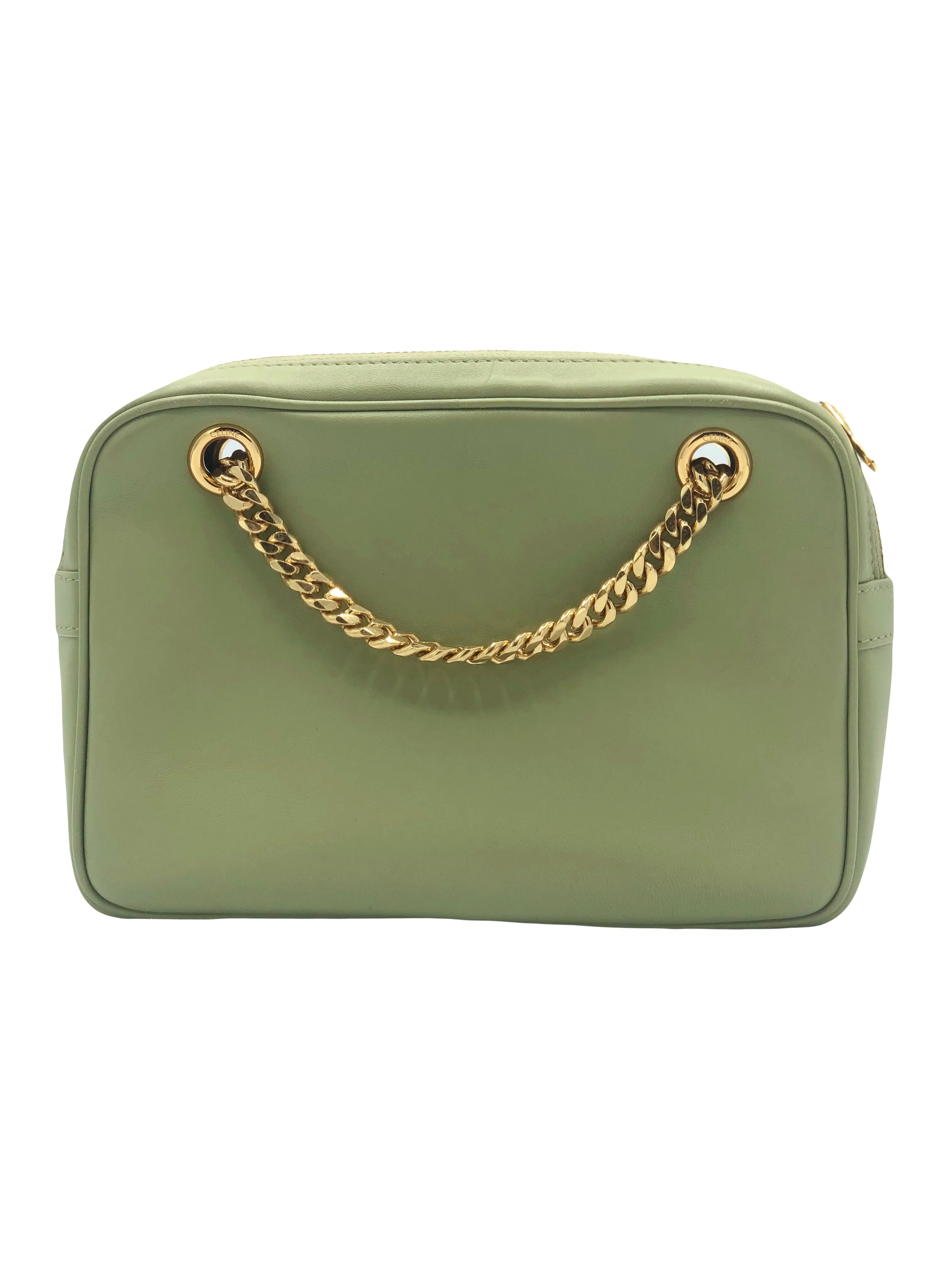 CELINE Small Patapans Sage Green leather with gold chain handbag