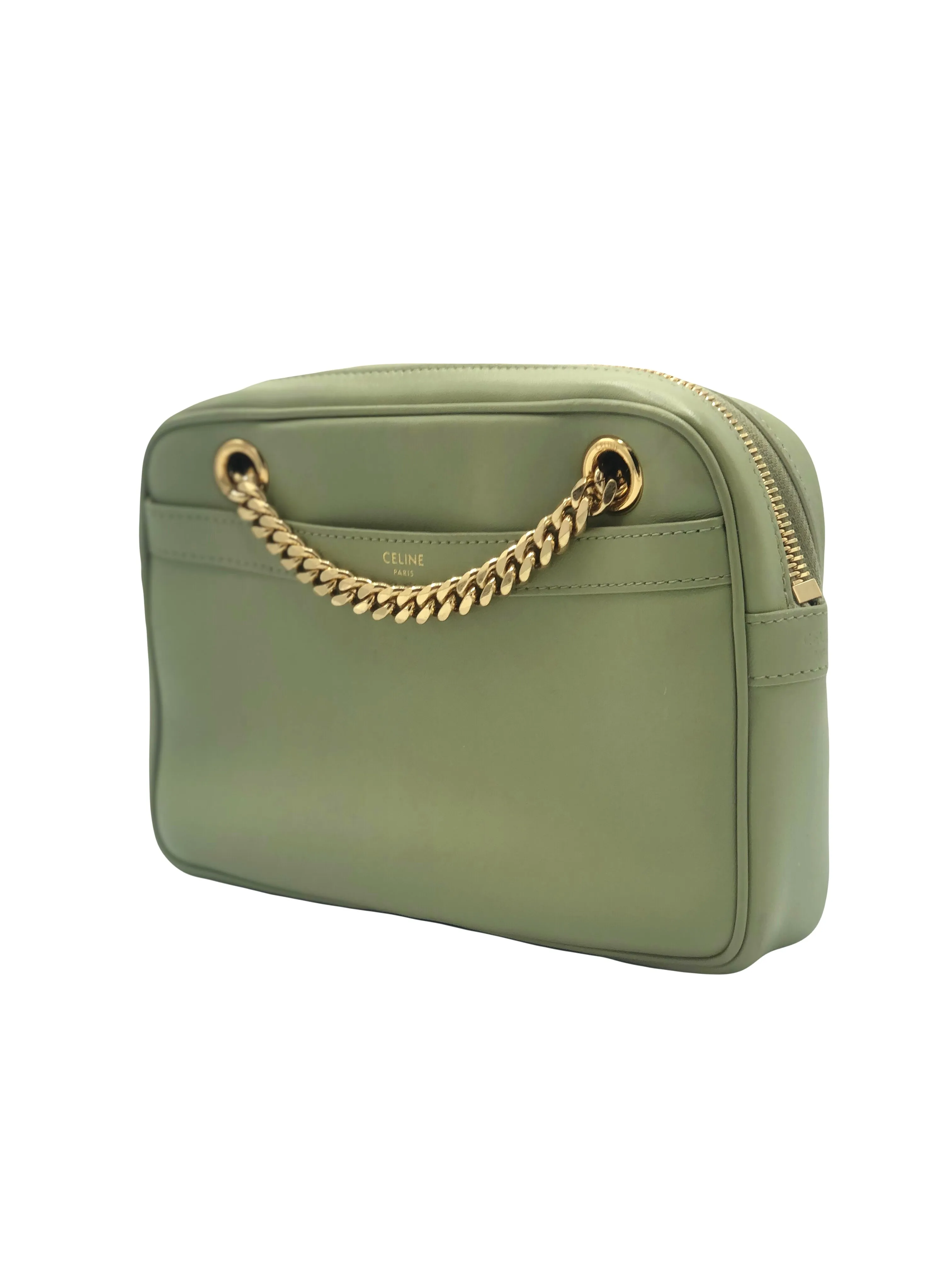 CELINE Small Patapans Sage Green leather with gold chain handbag
