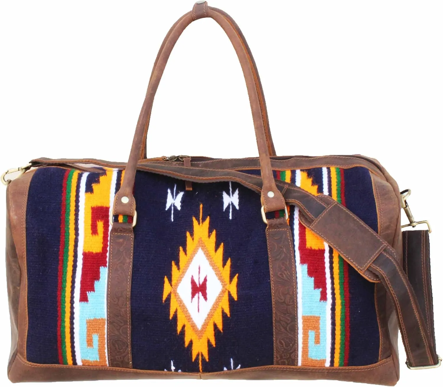 CHALLENGER Western Leather Cotton Woven Southwest Duffle Travel Weekender Carry-On Bag 103RTAztec