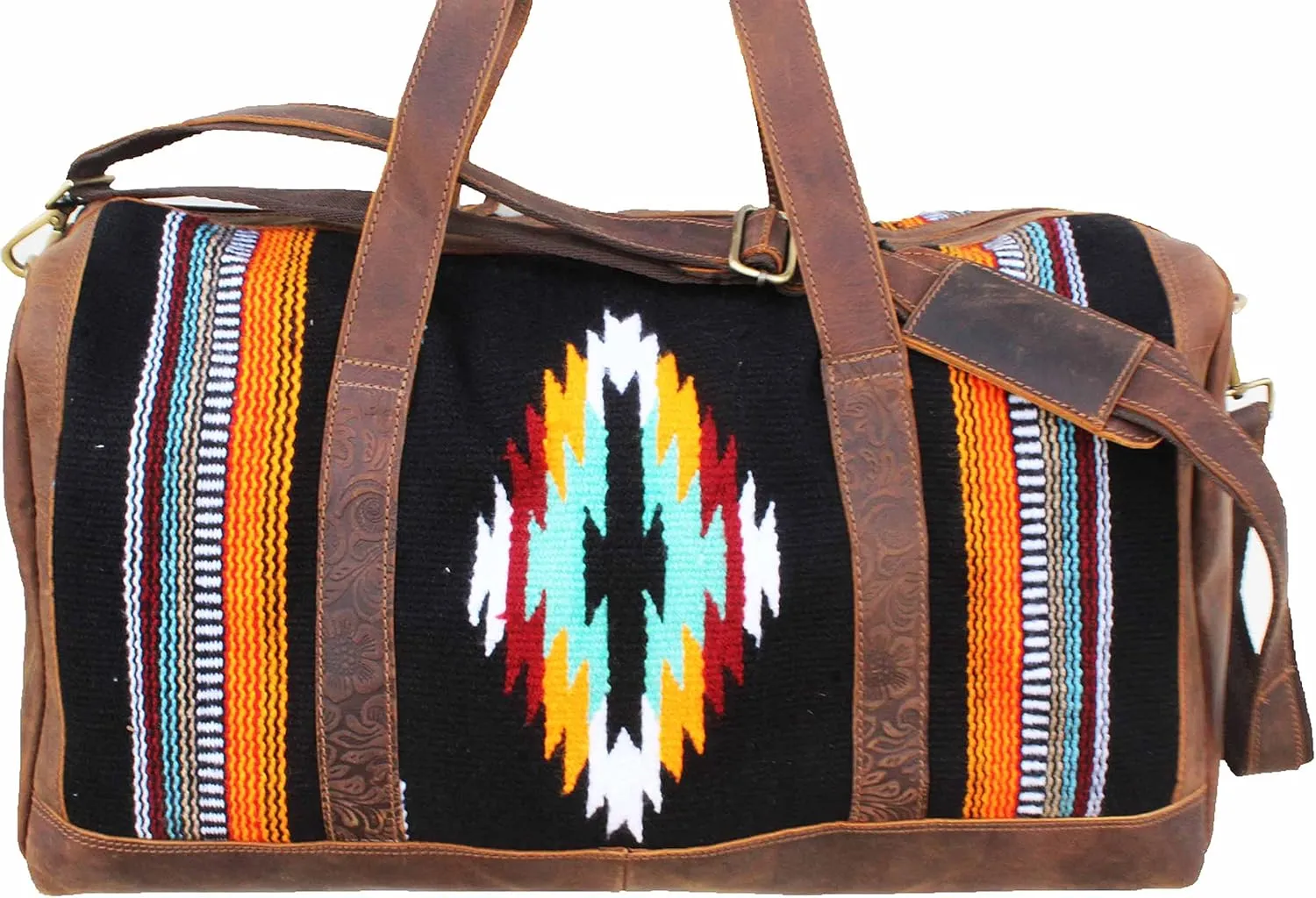 CHALLENGER Western Leather Cotton Woven Southwest Duffle Travel Weekender Carry-On Bag 103RTAztec