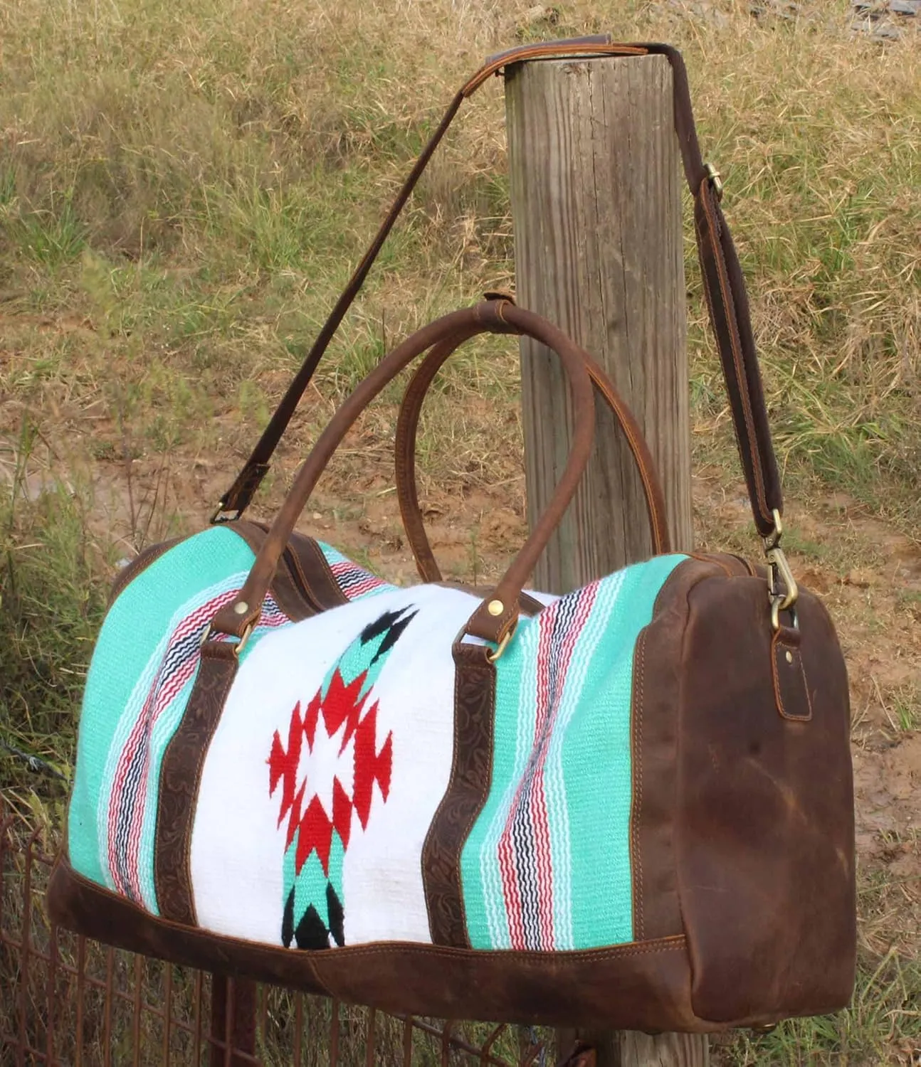 CHALLENGER Western Leather Cotton Woven Southwest Duffle Travel Weekender Carry-On Bag 103RTAztec