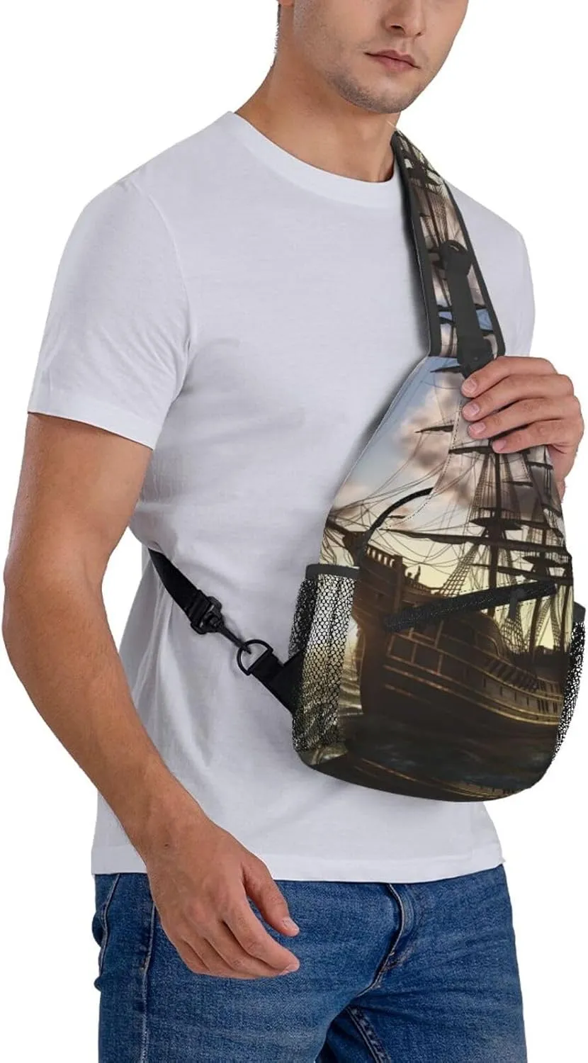 Crossbody Bag for Women Men Pirate Ship1 Chest Bag Crossbody Sling Bag Adjustable Shoulder Bag