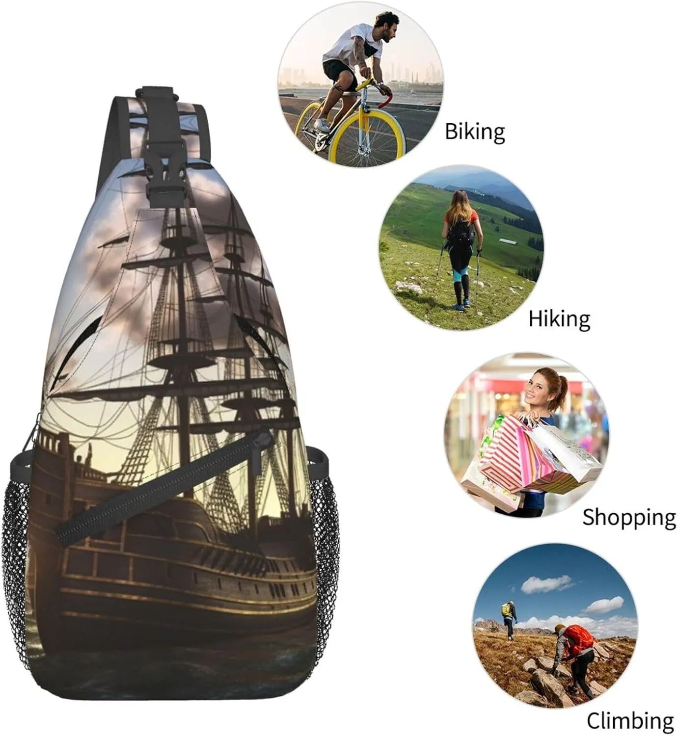 Crossbody Bag for Women Men Pirate Ship1 Chest Bag Crossbody Sling Bag Adjustable Shoulder Bag