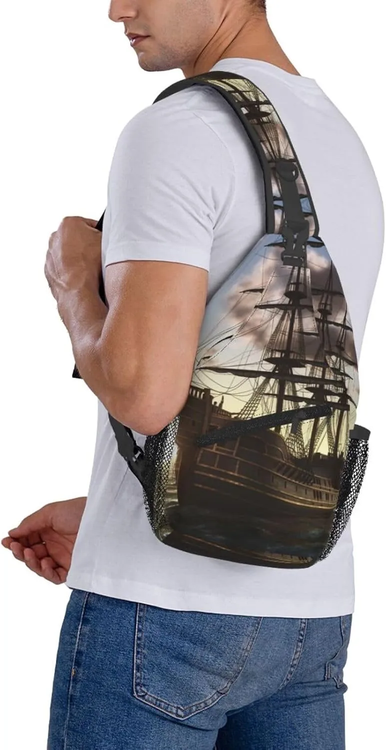 Crossbody Bag for Women Men Pirate Ship1 Chest Bag Crossbody Sling Bag Adjustable Shoulder Bag