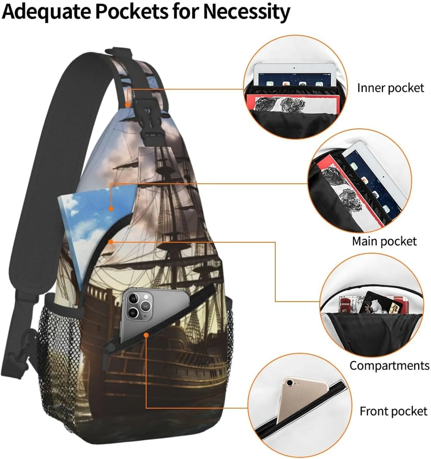 Crossbody Bag for Women Men Pirate Ship1 Chest Bag Crossbody Sling Bag Adjustable Shoulder Bag