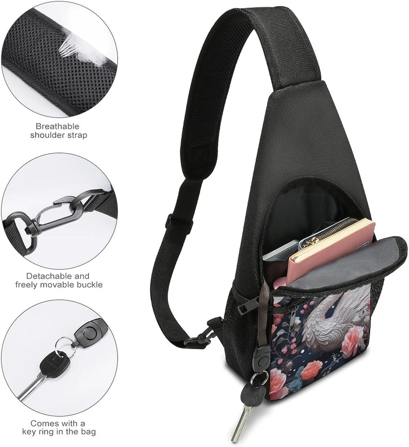 Crossbody Bag for Women Men Sling Bag Floral Swan Chest Bag Crossbody Adjustable Shoulder Bag