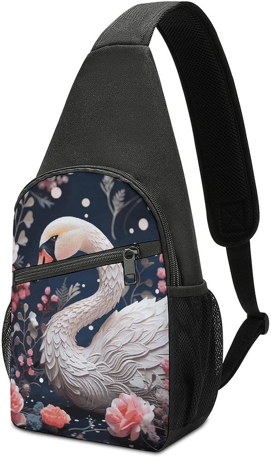 Crossbody Bag for Women Men Sling Bag Floral Swan Chest Bag Crossbody Adjustable Shoulder Bag