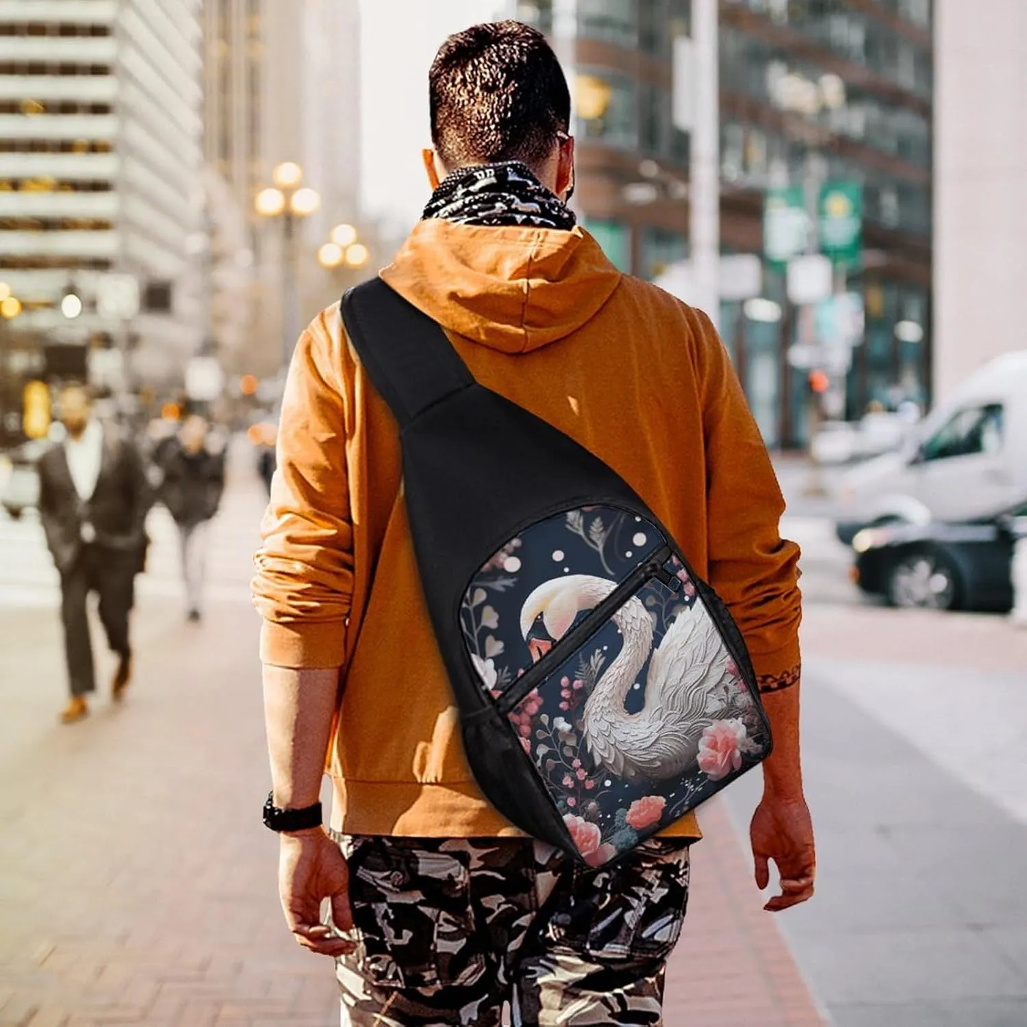 Crossbody Bag for Women Men Sling Bag Floral Swan Chest Bag Crossbody Adjustable Shoulder Bag