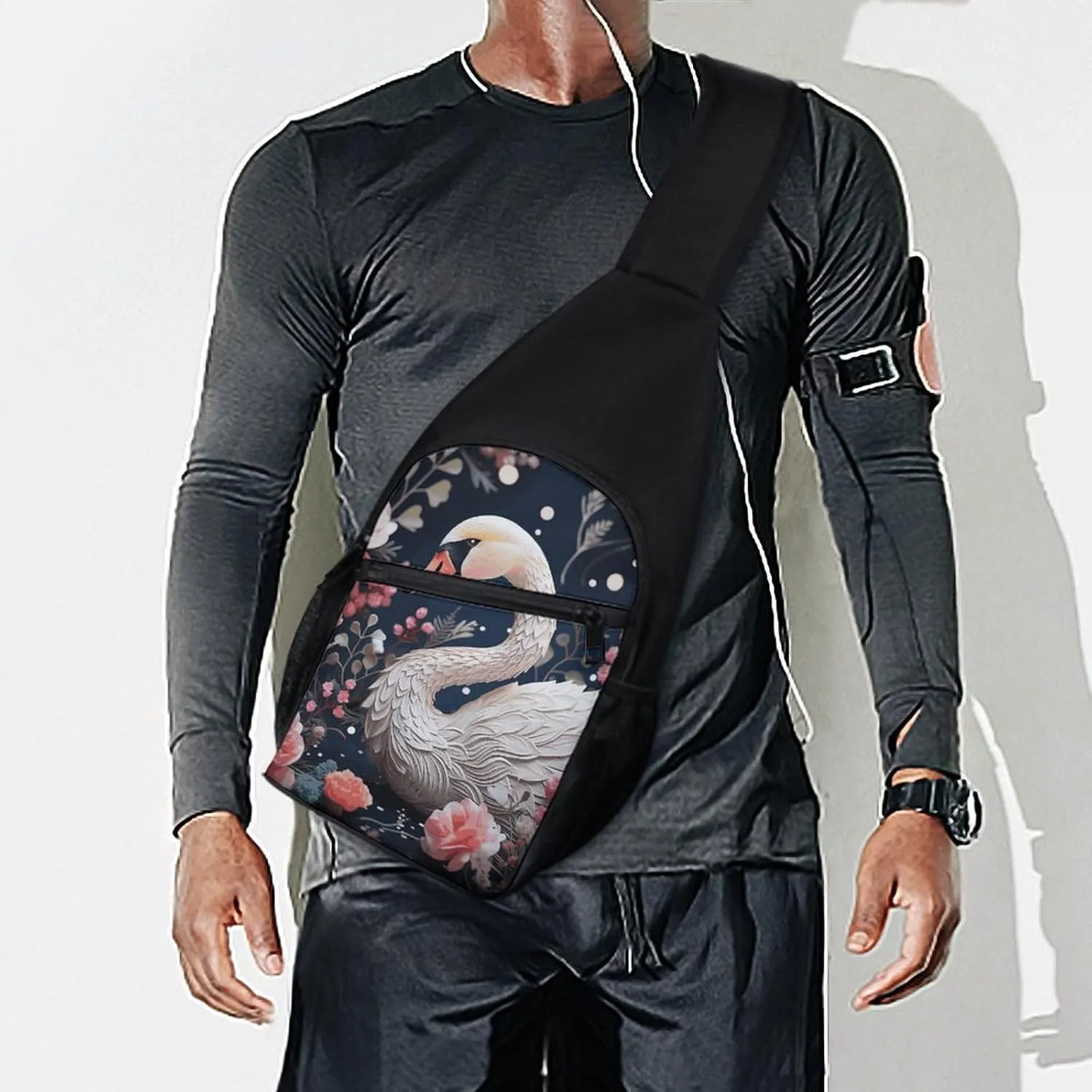 Crossbody Bag for Women Men Sling Bag Floral Swan Chest Bag Crossbody Adjustable Shoulder Bag