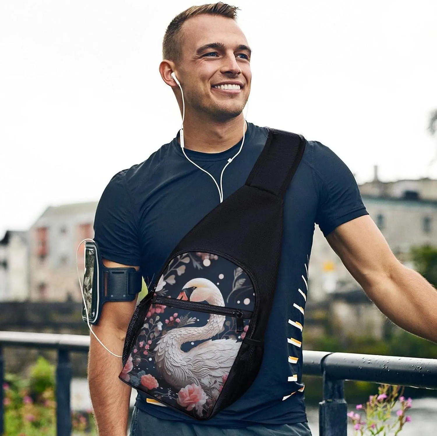 Crossbody Bag for Women Men Sling Bag Floral Swan Chest Bag Crossbody Adjustable Shoulder Bag