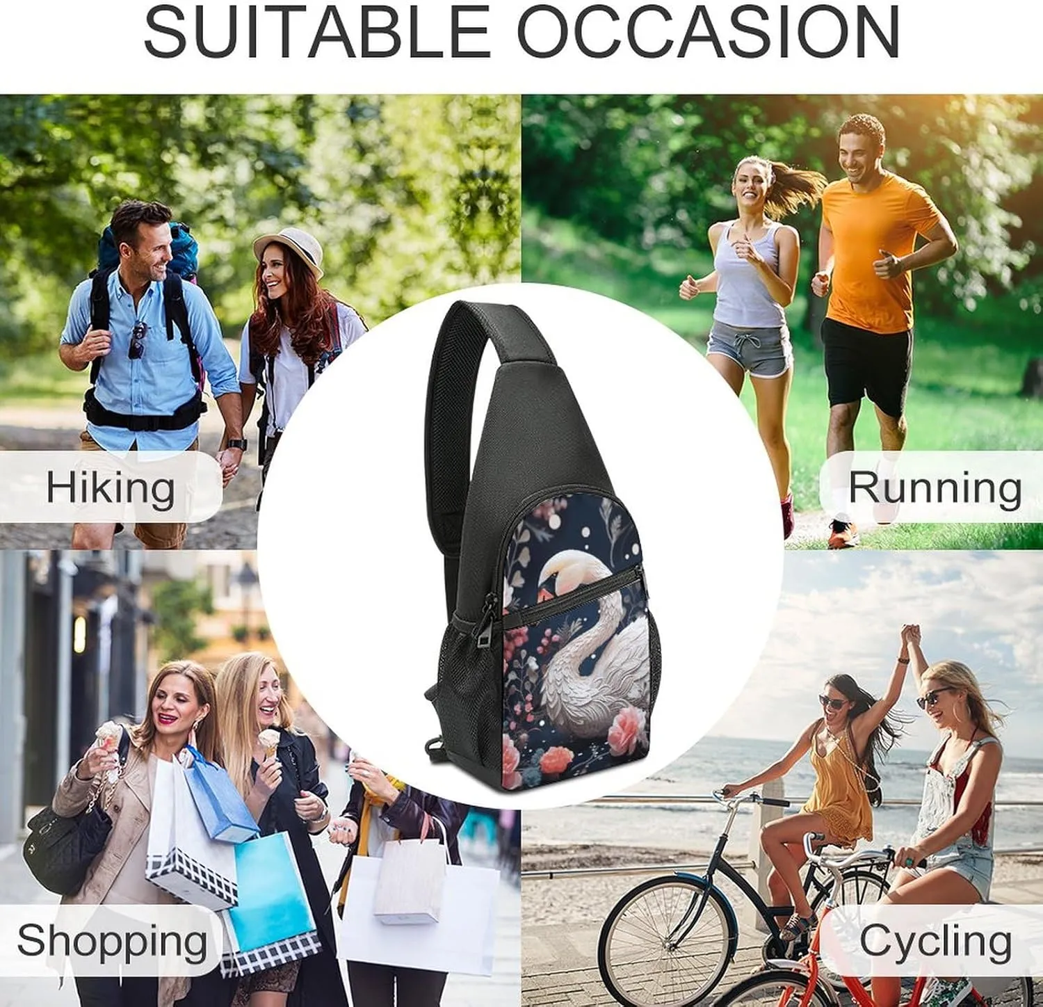 Crossbody Bag for Women Men Sling Bag Floral Swan Chest Bag Crossbody Adjustable Shoulder Bag