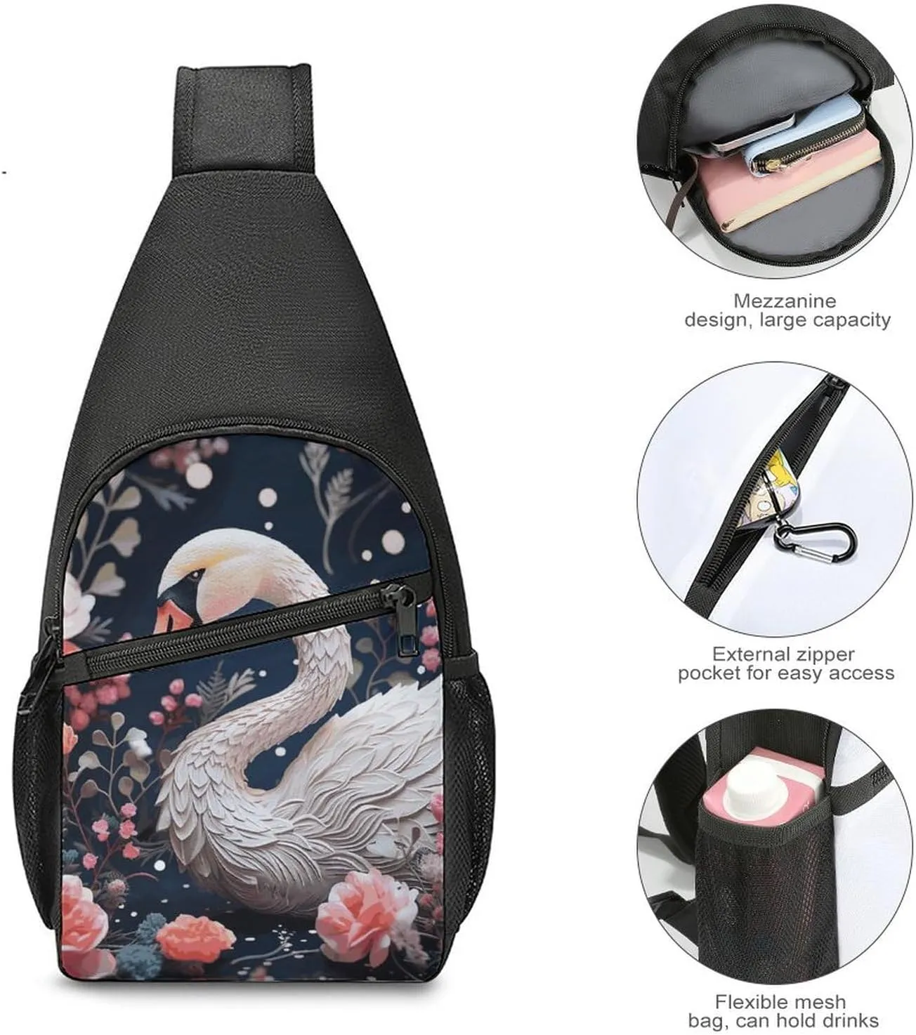 Crossbody Bag for Women Men Sling Bag Floral Swan Chest Bag Crossbody Adjustable Shoulder Bag