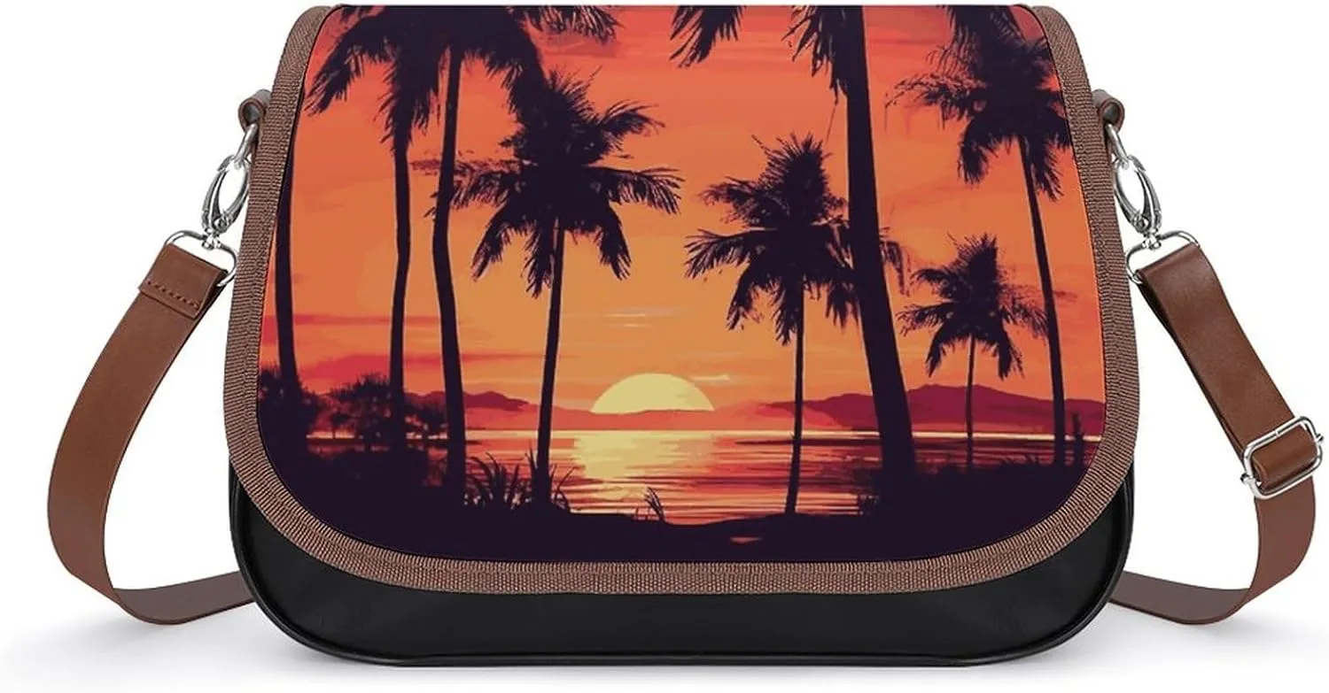 Crossbody Bags for Women Shoulder Bag Leather Handbag Palm Tree Summer Sunset Messenger Bag Office Work Bag